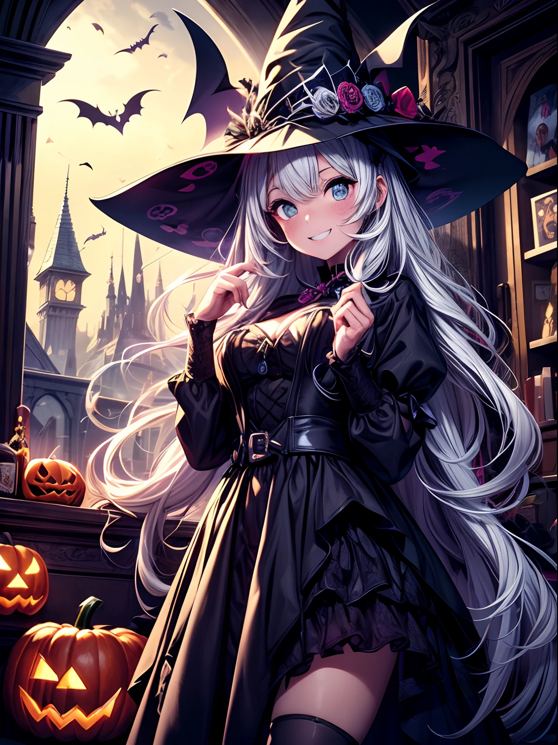(Best quality,A high resolution,Masterpiece:1.2),Ultra-detailed,Creative Halloween, Cartoon style,Colorful,Playful,Spooky characters, Vibrant background,( Jack-o-lantern helmet:1.3),Witch hat,Whimsical pumpkins, an enchanted forest, Magical atmosphere, haunted house, eerie moonlight, If you don't add sugar, you don't give sugar and trick or treat, Happy and mischievous souls,(Skeleton costume:1.3),spiderwebs,Corn candy, jack-o-lanterns, People who don't give candy and don't give candy are trick-or-treaters, Mystic Potion,Magical cats, full moon, Mysterious Shadows, glowing lanterns, Eerie laughter, Cheerful skeletons, magic incantation, Clumsy monsters, Mini Monsters, Friendly ghouls, Spooky bats, A cauldron full of sweets, Halloween night full of laughter,The never-ending excitement,Creative décor,Playful pranks,Happy Halloween