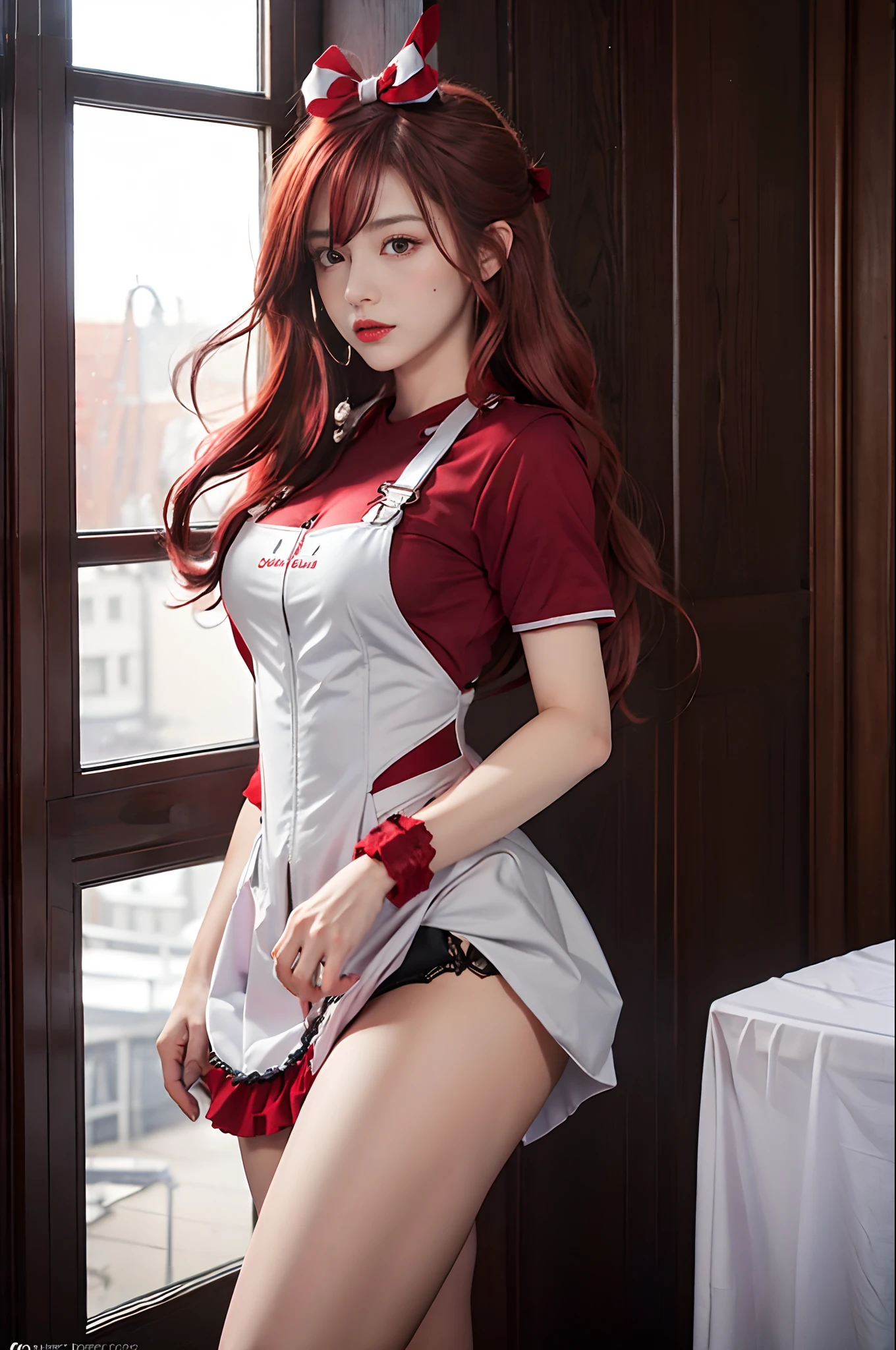 Outrageous, Best quality, 1girll, Solo, Red hair, Purple eyes, Long hair, , ahBunny,Red corset, gakuran, aprons, red neck ribbon, Red skirt, Hair Bow, Short sleeves, Wrist cuffs, White thighs, Jingle bells
