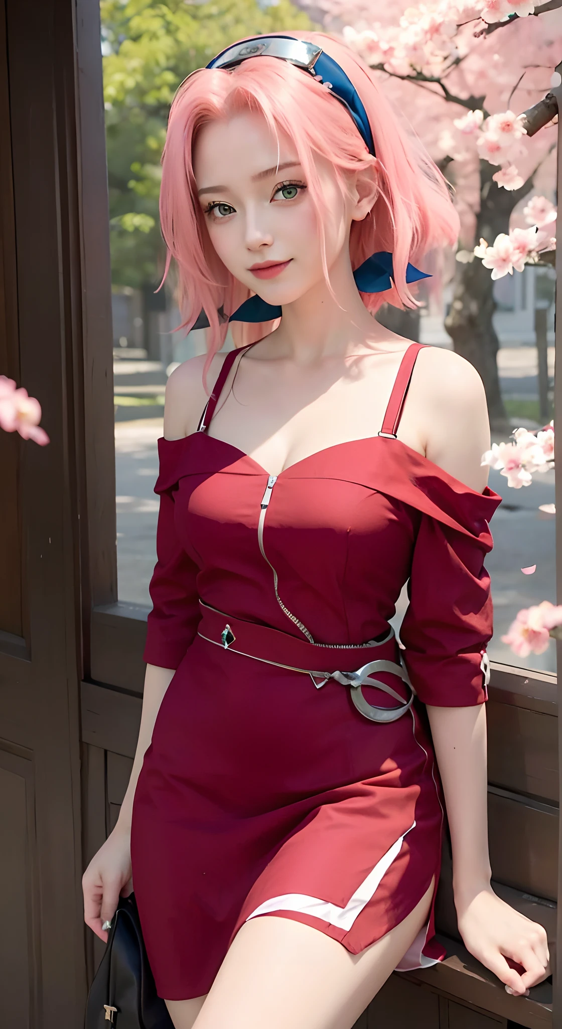 1girl, (8k, RAW photo, best quality, masterpiece:1.2), (ultra highres:1.0),detailed illustration, (real person,fashion photography portrait,photograph), detailed, detailed beautiful skin, (realistic, photo-realistic:1.37), SakuraNS, solo, professional lighting, pink dress with flower), village, east asian architecture, trees, village hidden in the leaves background,looking_at_viewer, smile, forehead flower,red_hairband,pink hair,green eyes,mitain,toeless footwear,kunai,facial mark,konohagakure symbol,fighting_stance,fence,ninja,adjusting gloves,sleeveless,cleavage