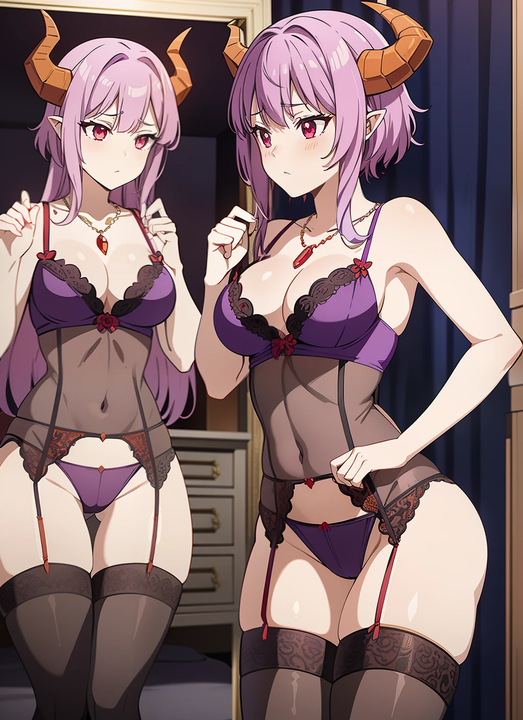 bedroom, red jewel necklace,  medium breasts, light purple hair,  heavy breathing ,dragon girl, unusually open eyes, dragon eyes, short hair with long locks, dragon horns, dark aura, lingerie, garter belt, thighhighs,  evening, looking at mirror,((purple clothes)),((orange eyes))