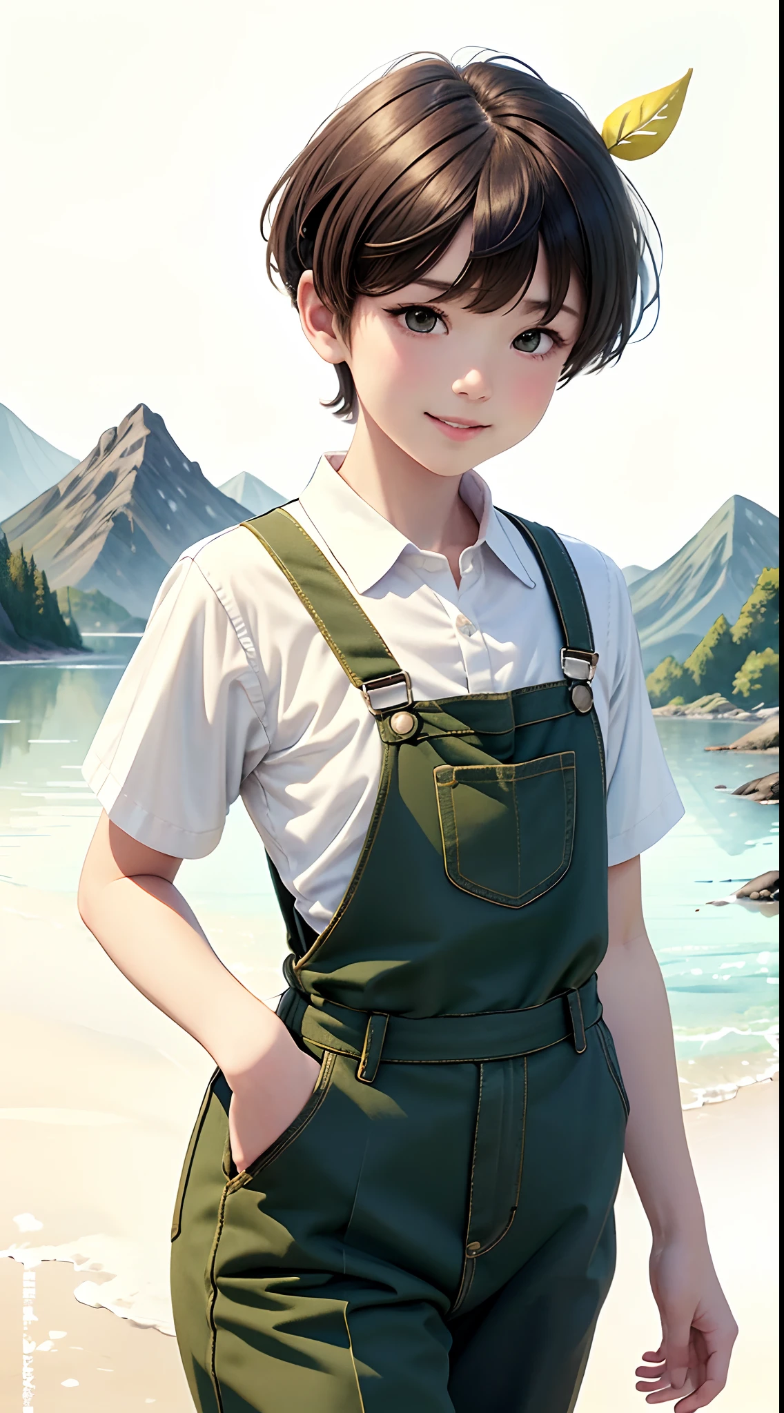 Androgynous figure、yellow short hair、Lifting and tying bangs、Wearing a leaf hair ornament、Taking a walk alone、The season is spring、Green Round Collar Shirt、Brown overalls、A dark green tie with a single two-leaf mark printed on it、Wearing brown loafers、The hair ornament that ties the bangs is in the form of two leaves、Pastel colors、Illustrations for children's books、watercolor paiting、top-quality、mountain background、cheerful and energetic character、Cute smile、Cute impression