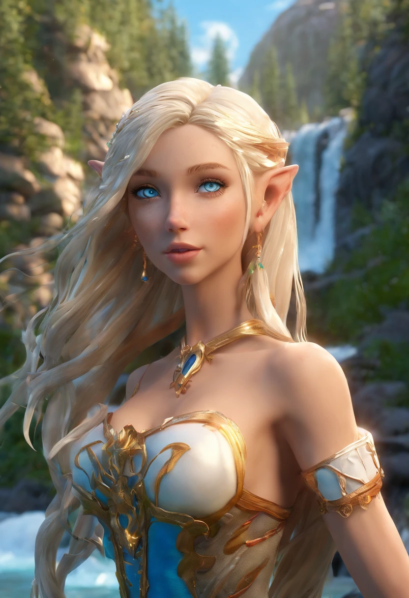 Elf girl, 18 years old, nude,angelical face,bright skin, skinny body, blue eyes, realistic eyes, wavy hair, dark fantasy film,  white skin, realistic hands, extremely realistic photo, extremely detailed pixels and particles, sexy pose, high-angle shot, soft focus, detailed background, 4k, high resolution, full body show, panoramic shot, high resolution background, 3d realistic render, better upscale,