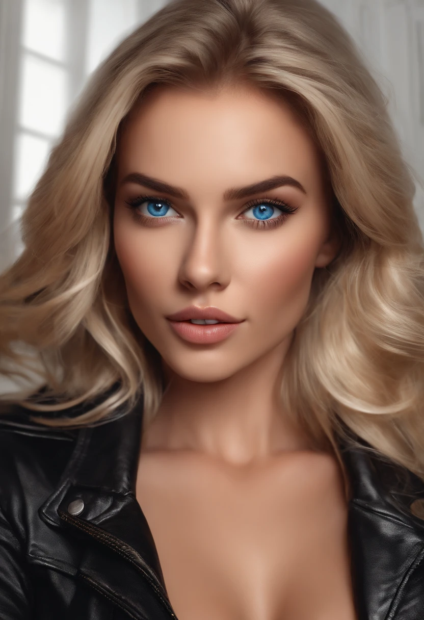 woman fully , sexy girl with blue eyes, ultra realistic, meticulously detailed, blonde hair, selfie of a young woman, bedroom , natural makeup, leather jacket , looking directly at the camera, face with artgram, stunning full body .laying in bed large size bust; luxury room