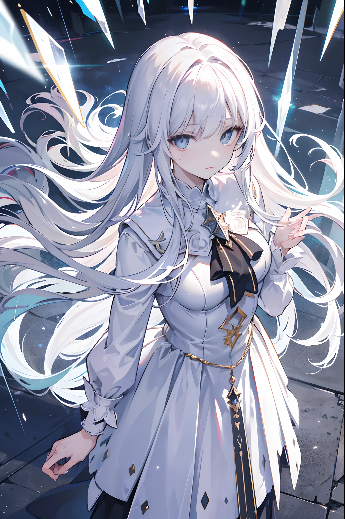 masterpiece, super detail, high quality, best quality, 4K, 1woman, (perspective), ((view from above)), atmospheric perspective, raining blood, environment with white and hazy lighting and coloring, empty city scene, very long white hair, straight hair, (elegant white dress), completely white character, (black tie), formal long tie, mirrors at the end of the hair, gray eyes, lonely, lens flare, overcast dark weather, expressionless eyes, diamond colored eyes, depth of field, beautiful eyes, crystal pupils, (looking up), pupil reflecting light, right eye with cracks in the crystal, hair flying a little in the wind, nosebleed, light smile