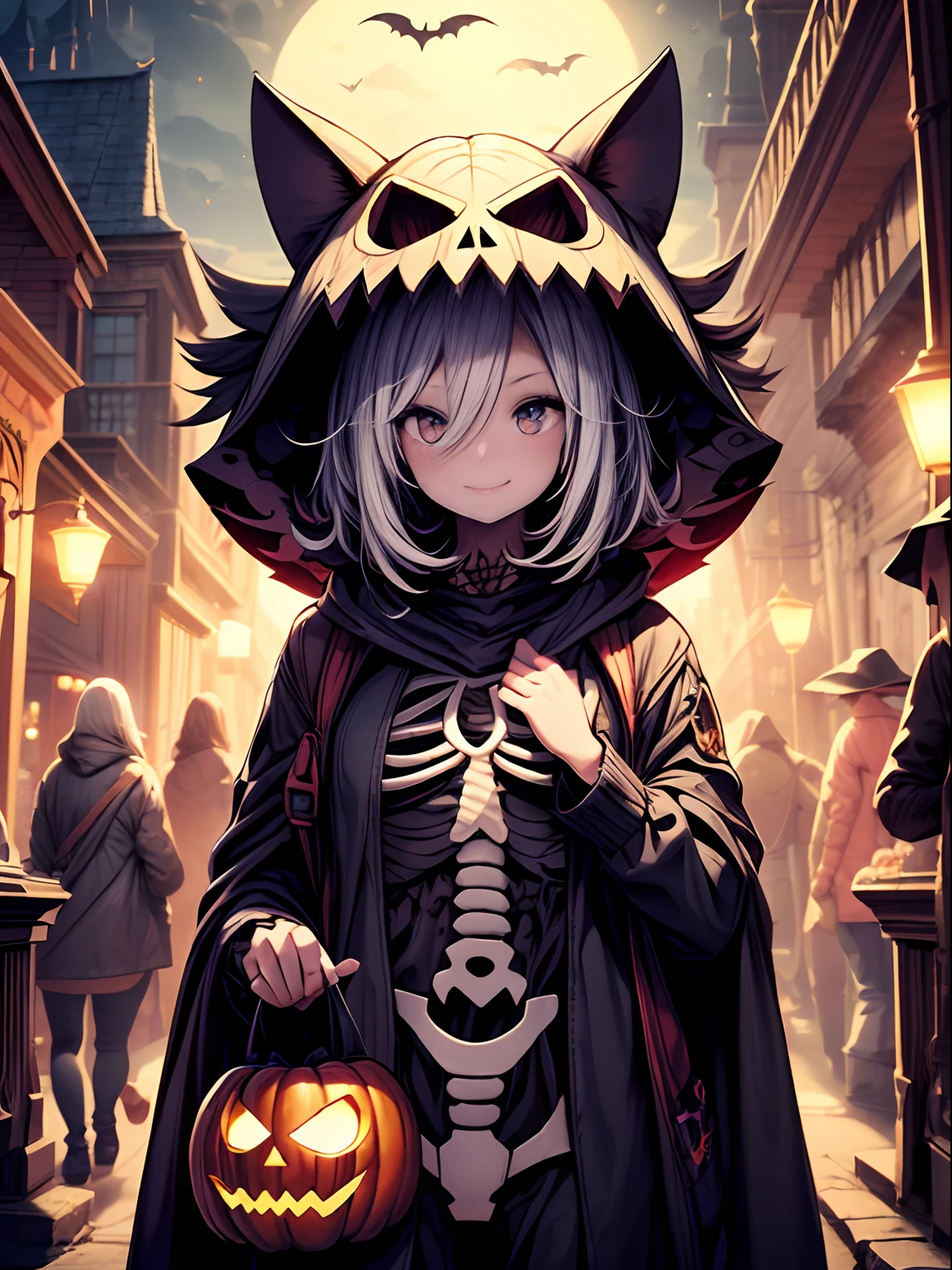 (Best quality,A high resolution,Masterpiece:1.2),Ultra-detailed,Creative Halloween, Cartoon style,Colorful,Playful,Spooky characters, Vibrant background,( Jack-o-lantern helmet:1.5)，Witch hat，Whimsical pumpkins, an enchanted forest, Magical atmosphere, haunted house, eerie moonlight, If you don't add sugar, You don't give sugar and trick-or-treating, Happy and mischievous souls,(Skeleton costume:1.5),spiderwebs,Corn candy, jack-o-lanterns, No candy is given、People who don't give candy are trick-or-treating people who don't give candy, Mystic Potion,Magical cats, full moon, Mysterious Shadows, glowing lanterns, Eerie laughter, Cheerful skeletons, magic incantation, Clumsy monsters, Mini Monsters, Friendly ghouls, Spooky bats, A cauldron full of sweets, Halloween night full of laughter,The never-ending excitement,Creative décor,Playful pranks,Happy Halloween