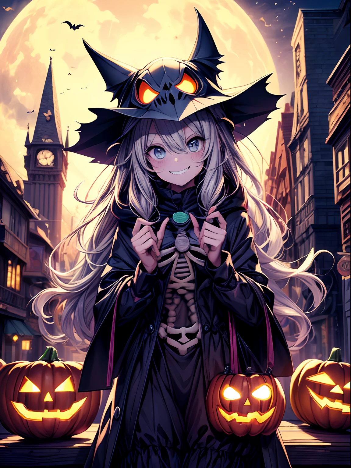 (Best quality,A high resolution,Masterpiece:1.2),Ultra-detailed,Creative Halloween, Cartoon style,Colorful,Playful,Spooky characters, Vibrant background,( Jack-o-lantern helmet:1.5),Witch hat,Whimsical pumpkins, an enchanted forest, Magical atmosphere, haunted house, eerie moonlight, If you don't add sugar, You don't give sugar and trick-or-treating, Happy and mischievous souls,(Skeleton costume:1.5),spiderwebs,Corn candy, jack-o-lanterns, No candy is given、People who don't give candy are trick-or-treating people who don't give candy, Mystic Potion,Magical cats, full moon, Mysterious Shadows, glowing lanterns, Eerie laughter, Cheerful skeletons, magic incantation, Clumsy monsters, Mini Monsters, Friendly ghouls, Spooky bats, A cauldron full of sweets, Halloween night full of laughter,The never-ending excitement,Creative décor,Playful pranks,Happy Halloween