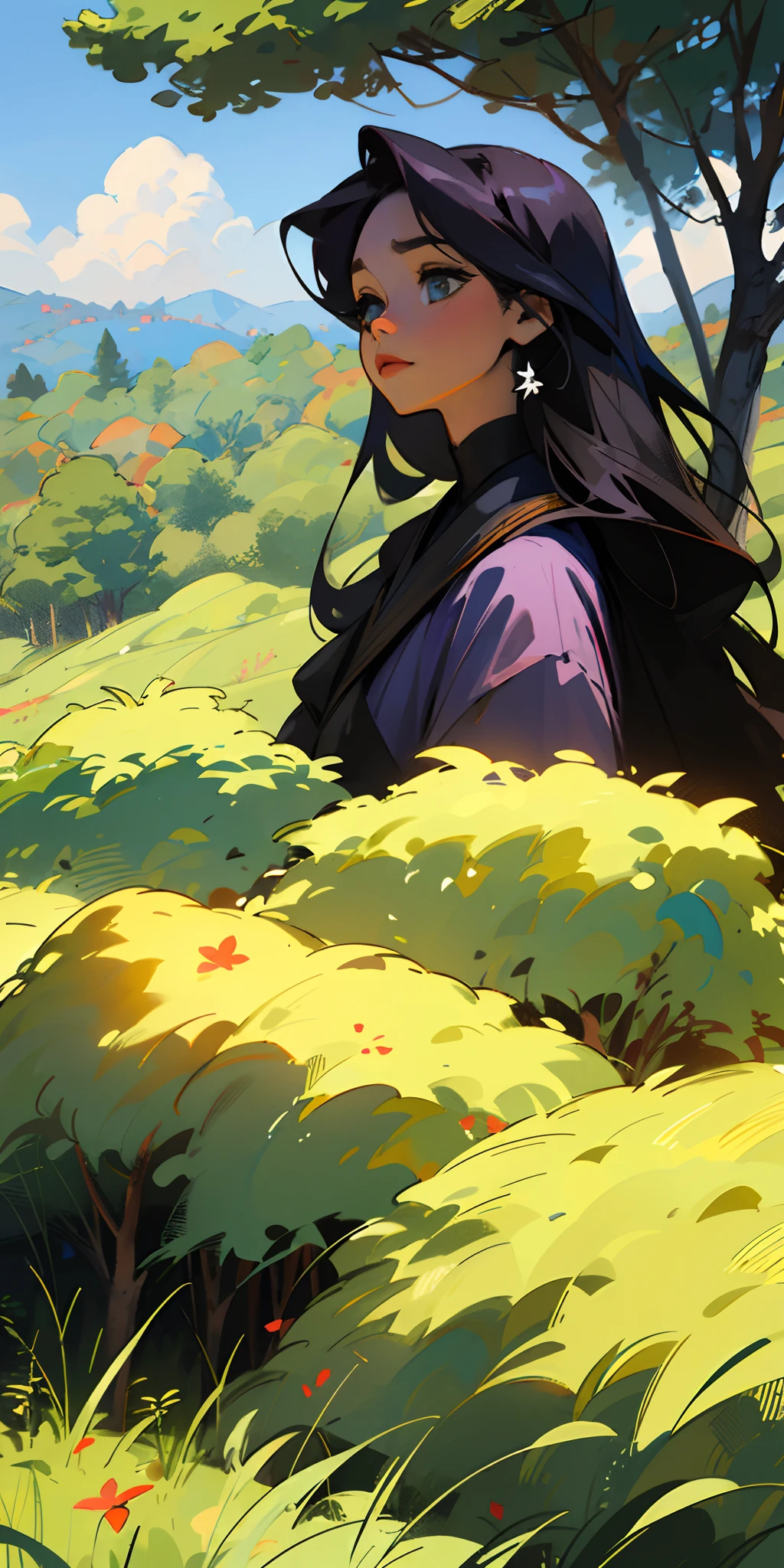 Anime Style Realistic Manga Image of Black Race Woman Black Color, arelhas pontudas, cabelos crespos cor roxo, deitada nua em campo de floresta dormindo, vista de cima, coloque uma arvore com uma pantera observando-a
