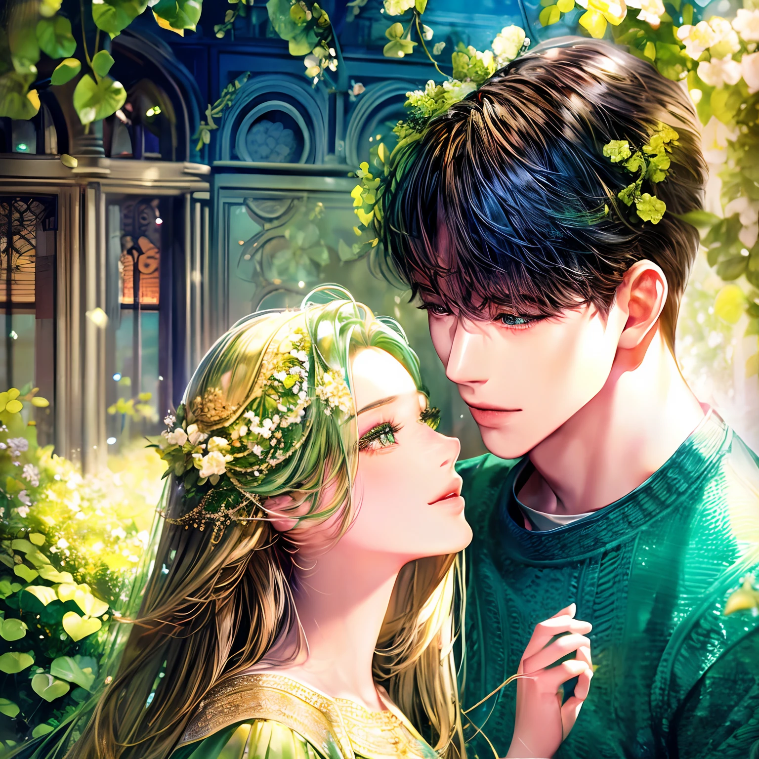 A girl with emerald eyes and green hair is hugged by a guy with brown hair and blue eyes. The girl is dressed in a light green dress, decorated with a clover wreath on her hair. The image is set against a background of lush greenery and blooming flowers, Creating a serene and enchanting atmosphere. The work of art is made in the technique, which captures the intricate details of their facial features, For example, Their beautiful eyes, Noses, and lips. The colors are bright and vibrant, with an emphasis on shades of green, to complement the natural surroundings. The lighting is soft and delicate, casting a warm glow on their faces. The overall image quality is at the highest level, with ultra-detailed elements and realistic, photo realistic style. The composition conveys a sense of joy, Love, and tranquility, inviting viewers to immerse themselves in this tender moment between the two characters.