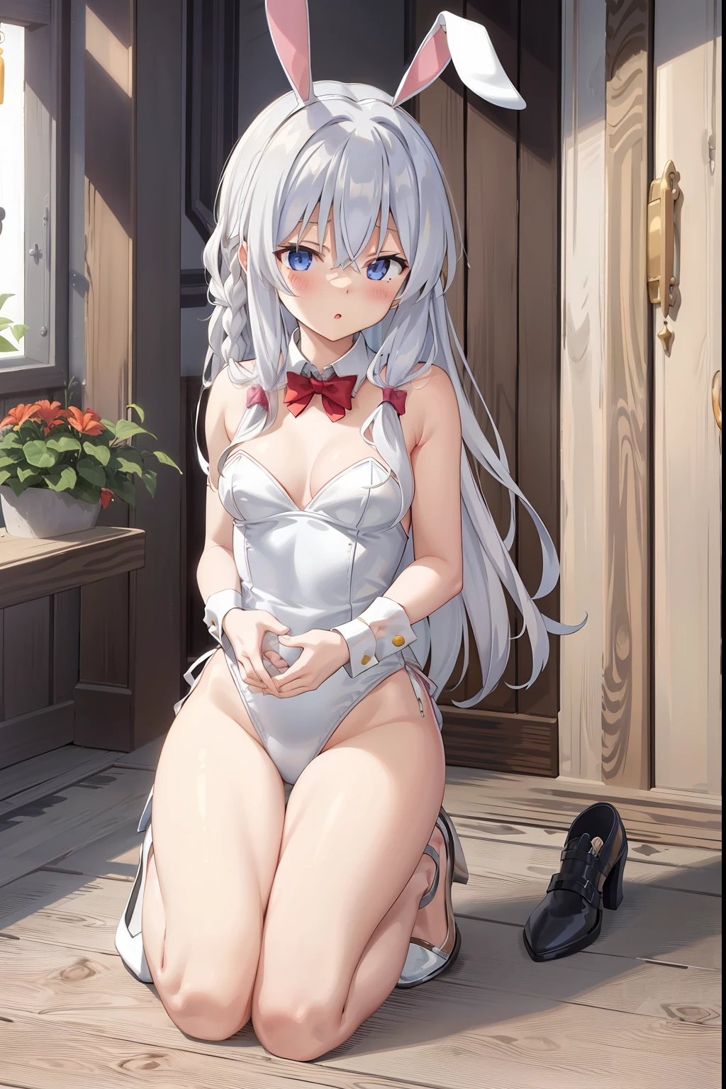 (masterpiece, best quality, highres),
elaina, solo, long hair, looking at viewer, braid, indoors, bunny outfit, a playboy bunny, bunny girl, kneeling