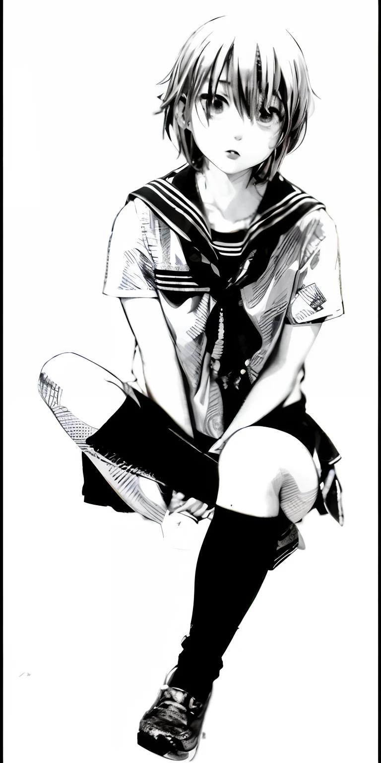 anime girl sitting on the ground with her legs crossed, black and white manga style, the anime girl is crouching, beautiful anime girl squatting, 「an anime girl, an anime girl, Rei Hiroe, young anime girl, Sailor Uniform, black and white manga, a manga drawing, Anime Girl, aya takano color style, Fubuki