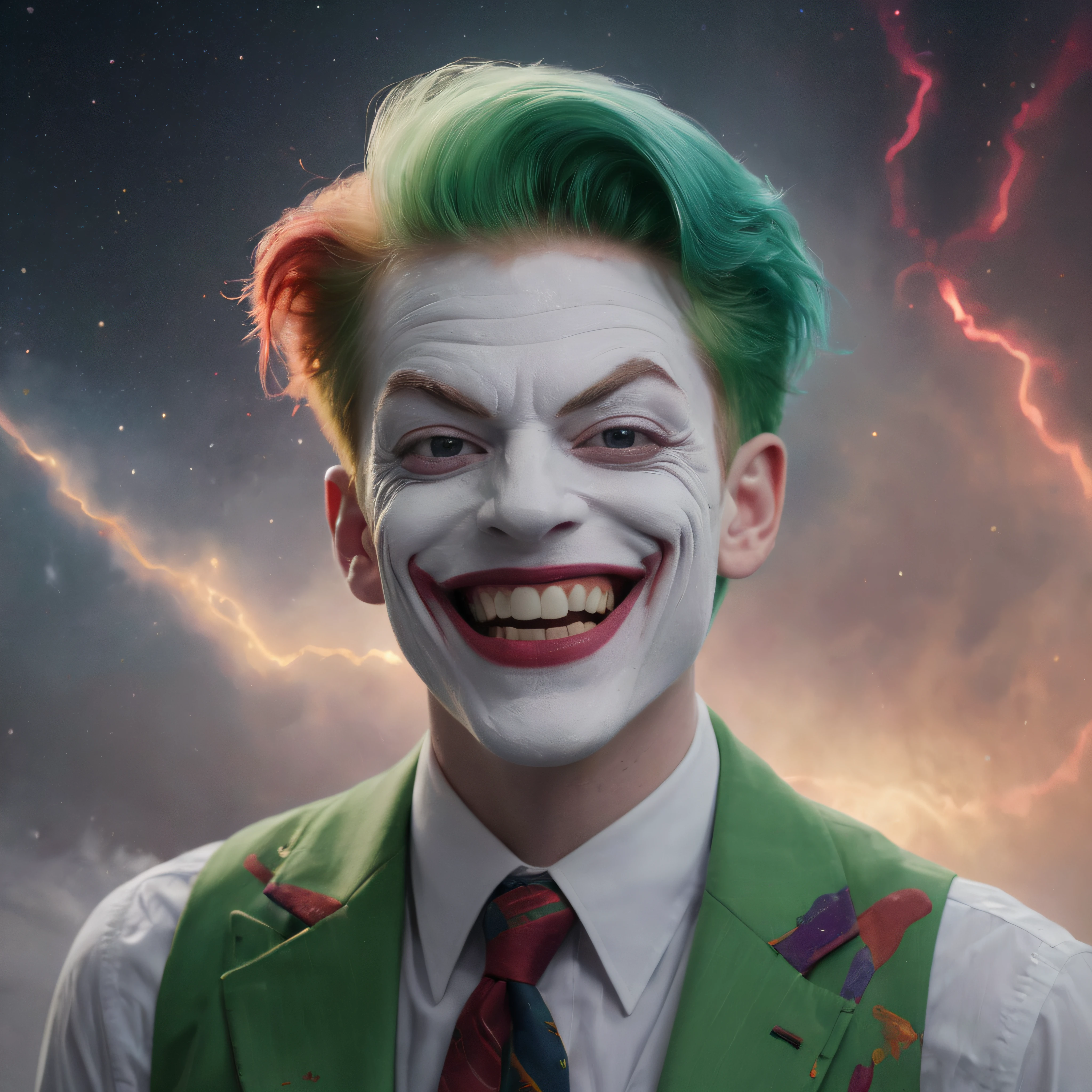 Head and shoulders image, portrait of Cameron Monaghan as the Joker with white face paint, red lipstick, short, green hair and eyebrows, shadowed eyes, Laughing maniacally, multicolored suit and tie, multicolored vest, multicolored shirt, extremely colorful, planets and stars and galaxies, in the background, Multicolored lightning, fog, and clouds, oil painting on canvas in the art style of Boris Vallejo