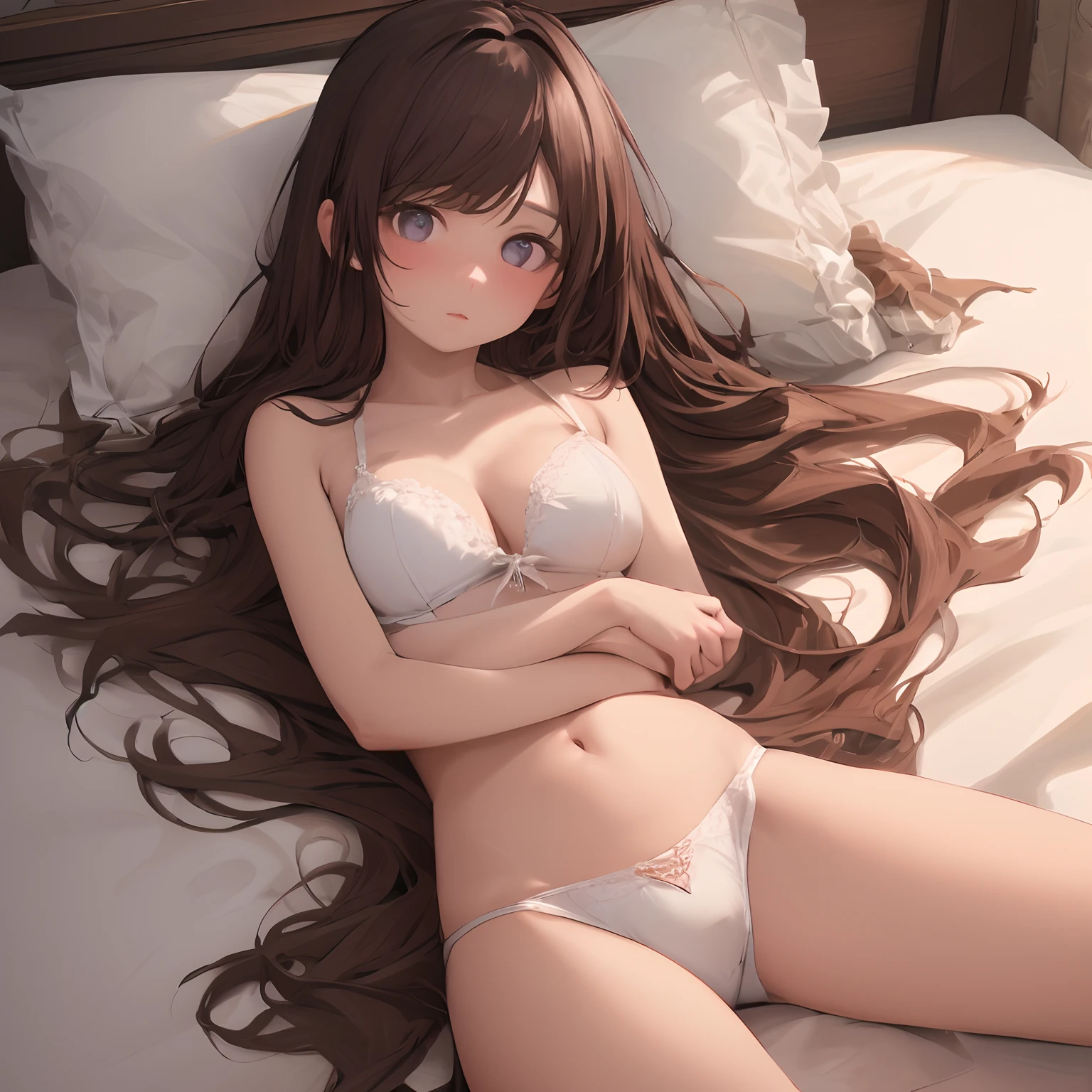 ((Best quality, 8K, Masterpiece: 1.3)), Beauty, 1 girl, : 1.3, Slender abs: 1.1, Dark brown hair, (Lying in bed, Open legs: 1.2), hyperdetailed face, Highly detailed lips, Detailed eyes, Double eyelids, White underwear, Open legs