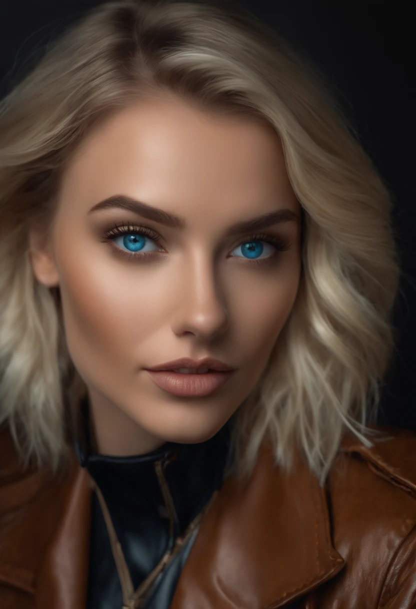 woman fully , sexy girl with blue eyes, ultra realistic, meticulously detailed, blonde hair, selfie of a young woman, london , natural makeup, leather jacket , looking directly at the camera, face with artgram, stunning full body .standing up  large size bust; luxury room