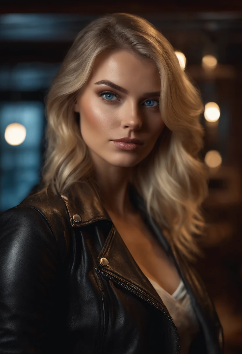 woman fully , sexy girl with blue eyes, ultra realistic, meticulously detailed, blonde hair, selfie of a young woman, london , natural makeup, leather jacket , looking directly at the camera, face with artgram, stunning full body .standing up large size bust; luxury room
