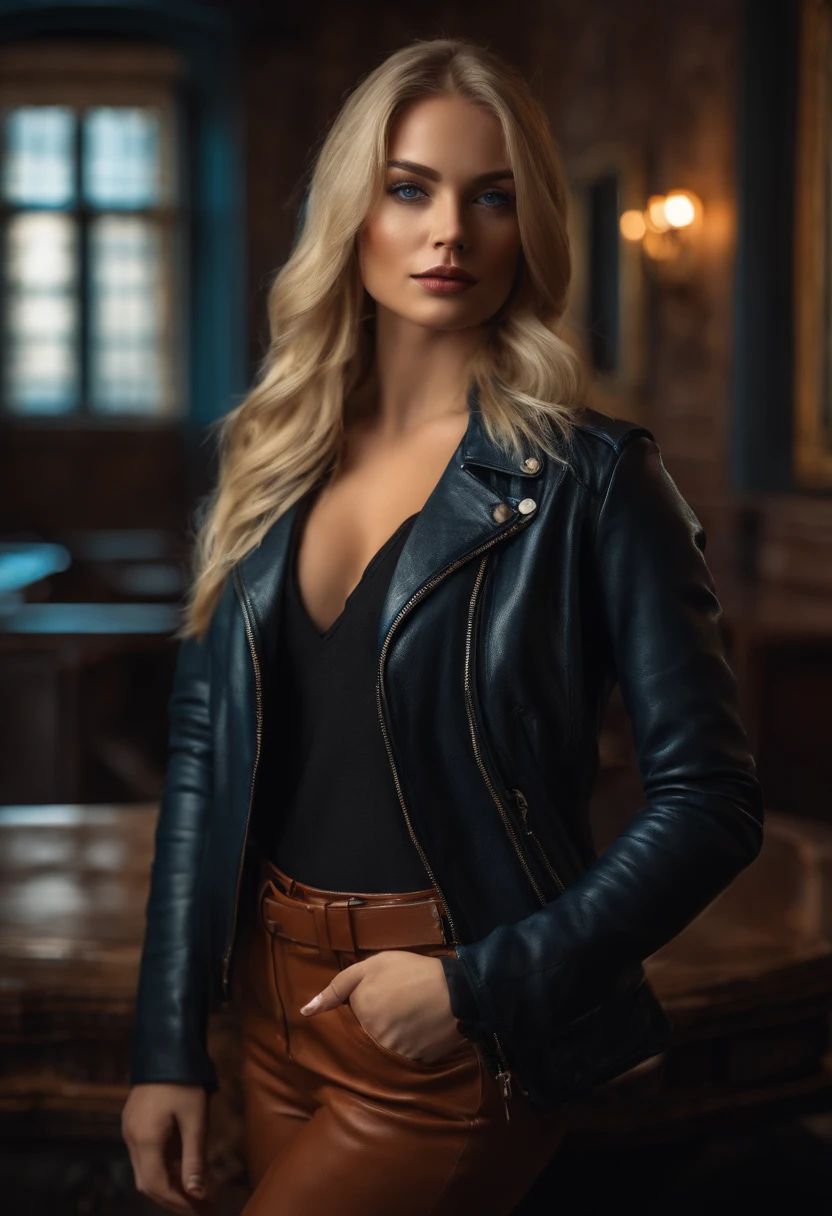 woman fully , sexy girl with blue eyes, ultra realistic, meticulously detailed, blonde hair, selfie of a young woman, london , natural makeup, leather jacket , looking directly at the camera, face with artgram, stunning full body .standing up large size bust; luxury room