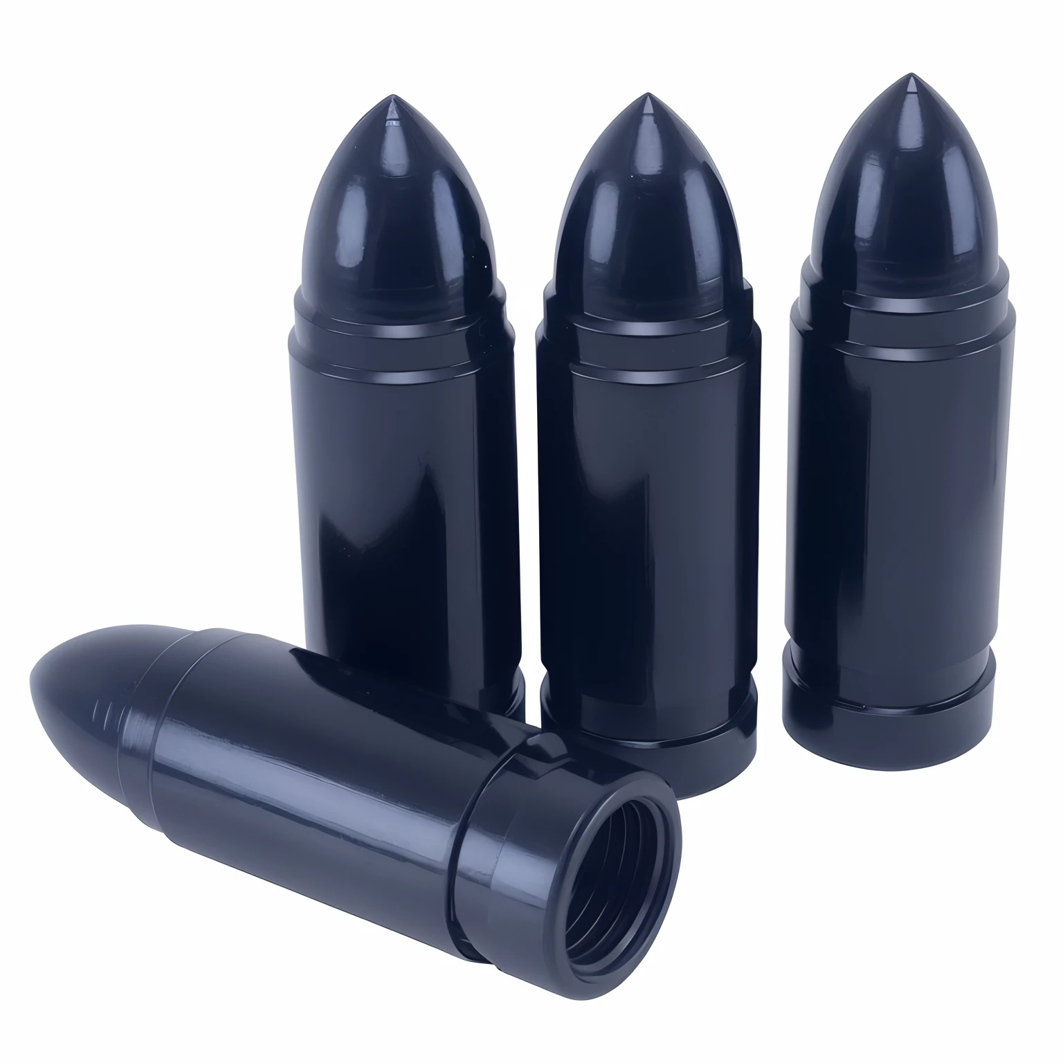Three black bullet-shaped containers are arranged on a white surface, black plastic, Caseless ammunition, high quality product image”, bullets, plastic, in black lipstick, author:Randy Post, all black matte product, Ammunition bullets, shiny black lipstick, There are bullets in it, On a white background, onyx, Alien capsule, 81mm, 84mm), Sci-Fi - Fi, 3D立体