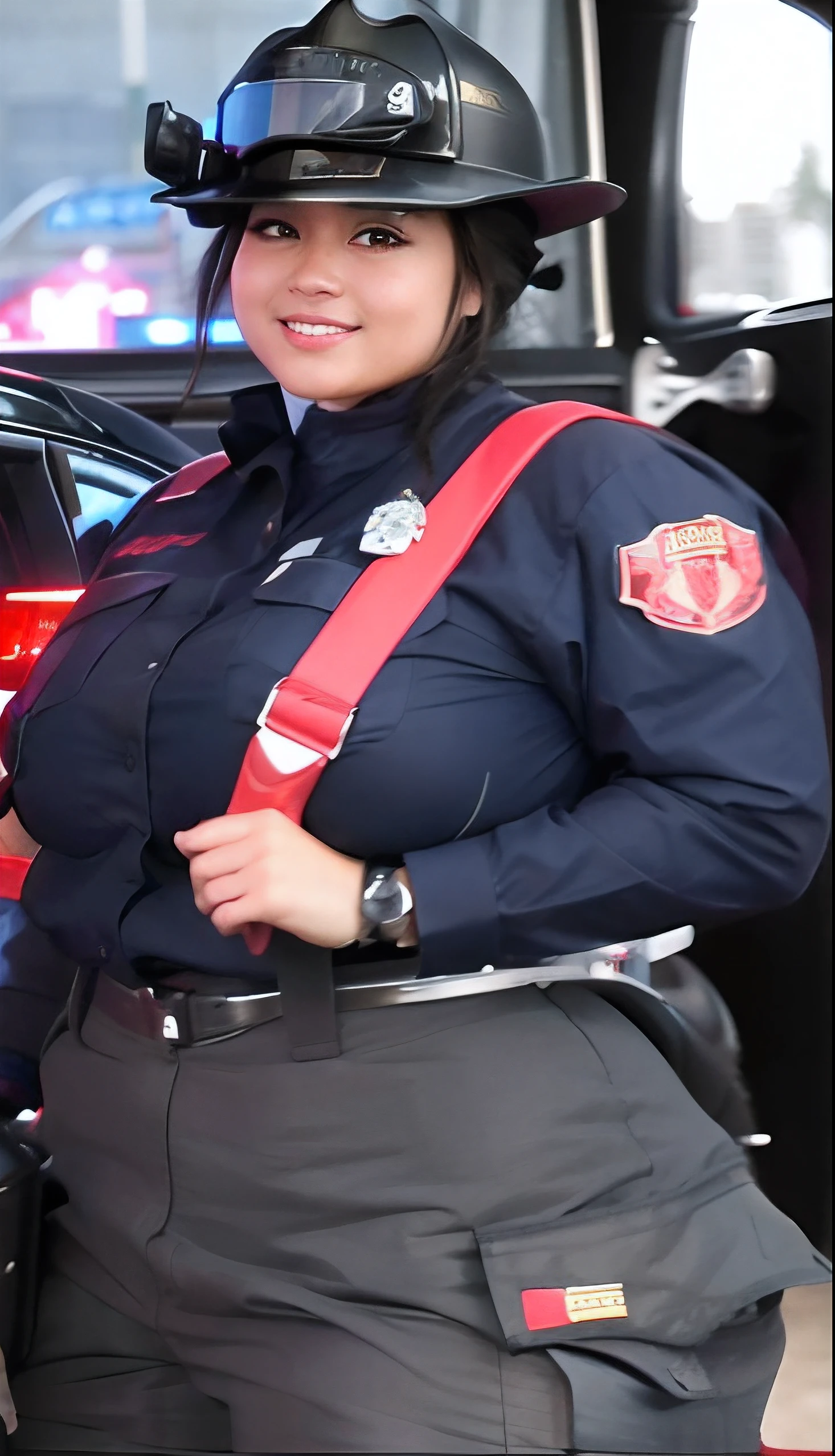 arafed hot thick muscular Asian American female woman in a firefighter uniform standing next to a fire truck, firefighting gear, firefighter, photo from the side, fireman, young female firefighter, badge on collar, closeup photo, red uniform, full uniform, closeup photograph, wearing rr diner uniform, wearing a red captain's uniform, by Bernie D’Andrea, harnesses and garters 27yrs old chubby cheeks and cute dimples beautiful smile and perfect teeth hot bubblegum lips beautiful eyebrows hot brown eyes with less makeup and glitter blush golden tone tanned skin wearing a cairns defender 1010 firefighter helmet with beat up shield says engine company 22