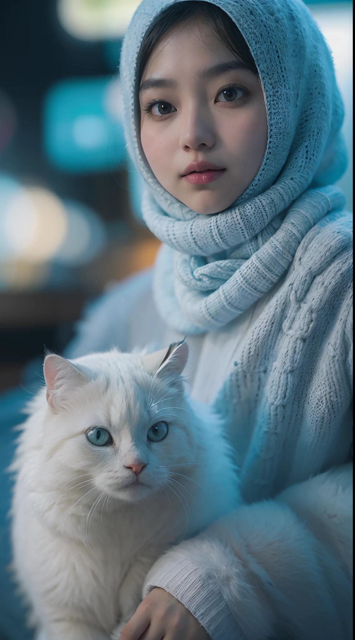 Malay girl drinking glass of milk wearing pastel blue big loose knitted sweater and cotton panties and long knitted sock, posing with her very big white fluffy cat in night KL city street, wearing hijab, cute white cat by her side, pastel color hijab, petite body, high quality, Super 8mm lense, Extreme close-up, High Contrast cinematography effect, Natural Lighting, Desaturate color grading, high quality, ultra detail, 8k resolution,