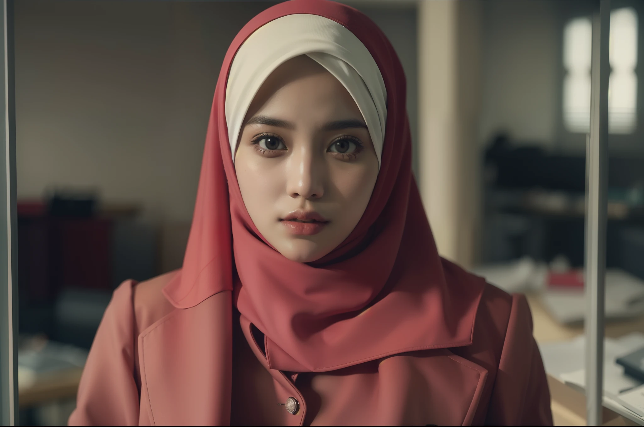 Beautiful Indonesian woman, 35 years old, slightly chubby, wearing black hijab and abaya, half body close up photo, photo model style, realistic photo, indoor professional photography