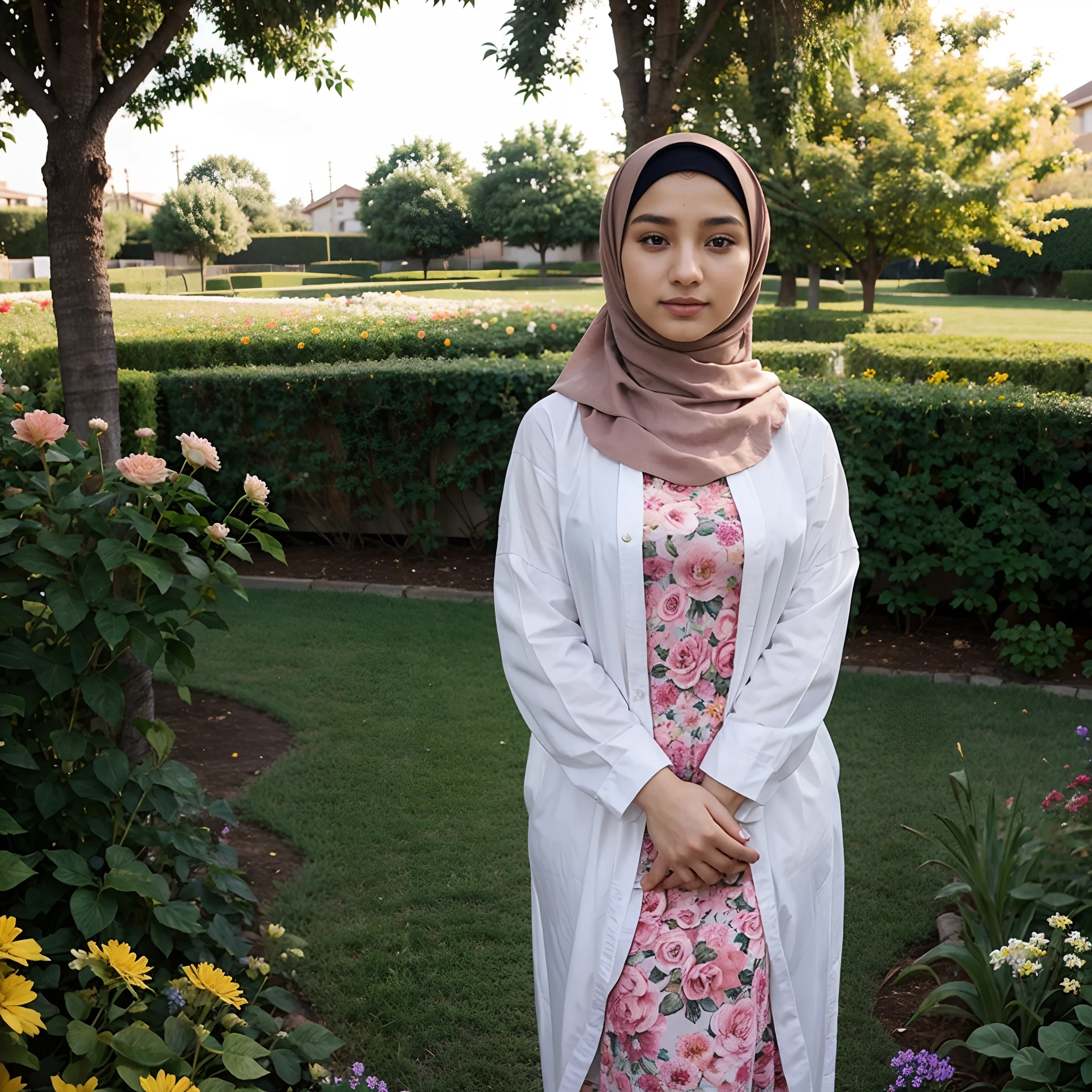 A beautiful 20 year old hijab, with a flower garden in the background