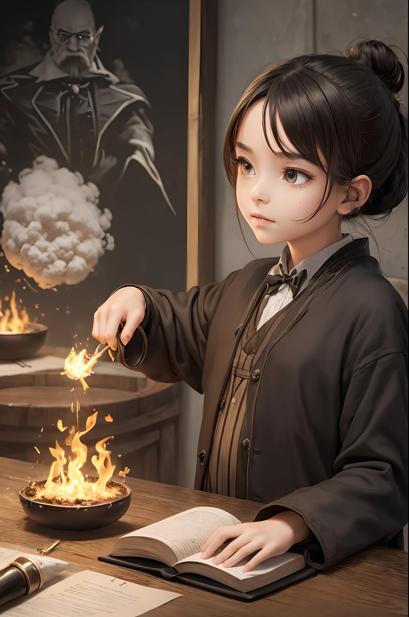 (8k, 16k, top quality, award winning, high quality, high resolution, super fine detail, super intricate detail, anatomically correct, masterpiece: 1.3), magic school lesson, (failed magical experiment: 1.3), a classroom full of children, alchemy, a big explosion, a burnt robe, (face with soot: 1.2), soot on the face, black smoke, a glass bottle containing a magic potion, comical expressions, funny illustration, amazing illustration, big mistake, people in the classroom, blackboard group cartoon illustration, magic school, magic school uniform, school lesson, magic laboratory, magic laboratory background, magic, magic laboratory setup , spectacular full-color illustrations, interesting stories, Science Fantasy Painting,