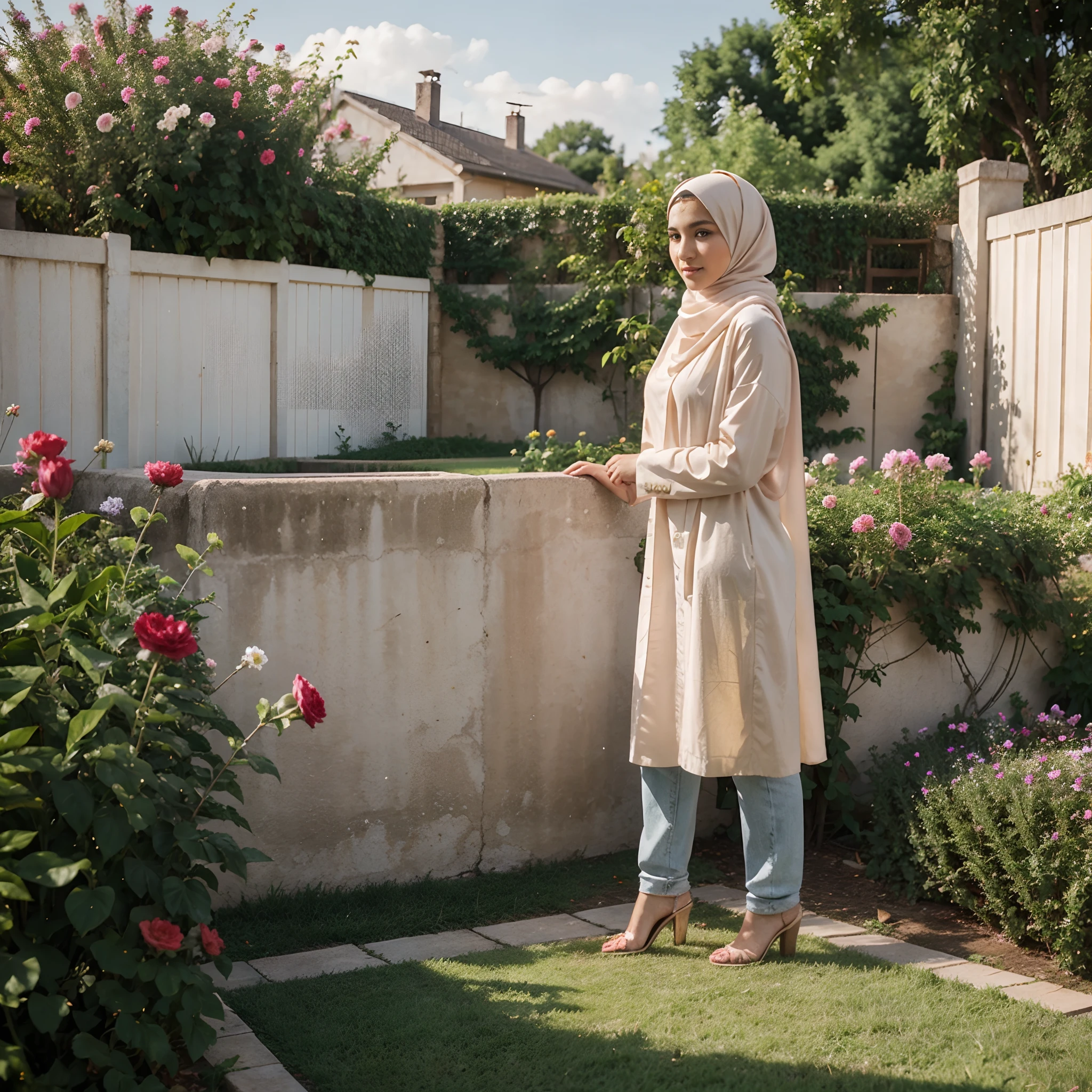 A beautiful 20 year old hijab, with a flower garden in the background