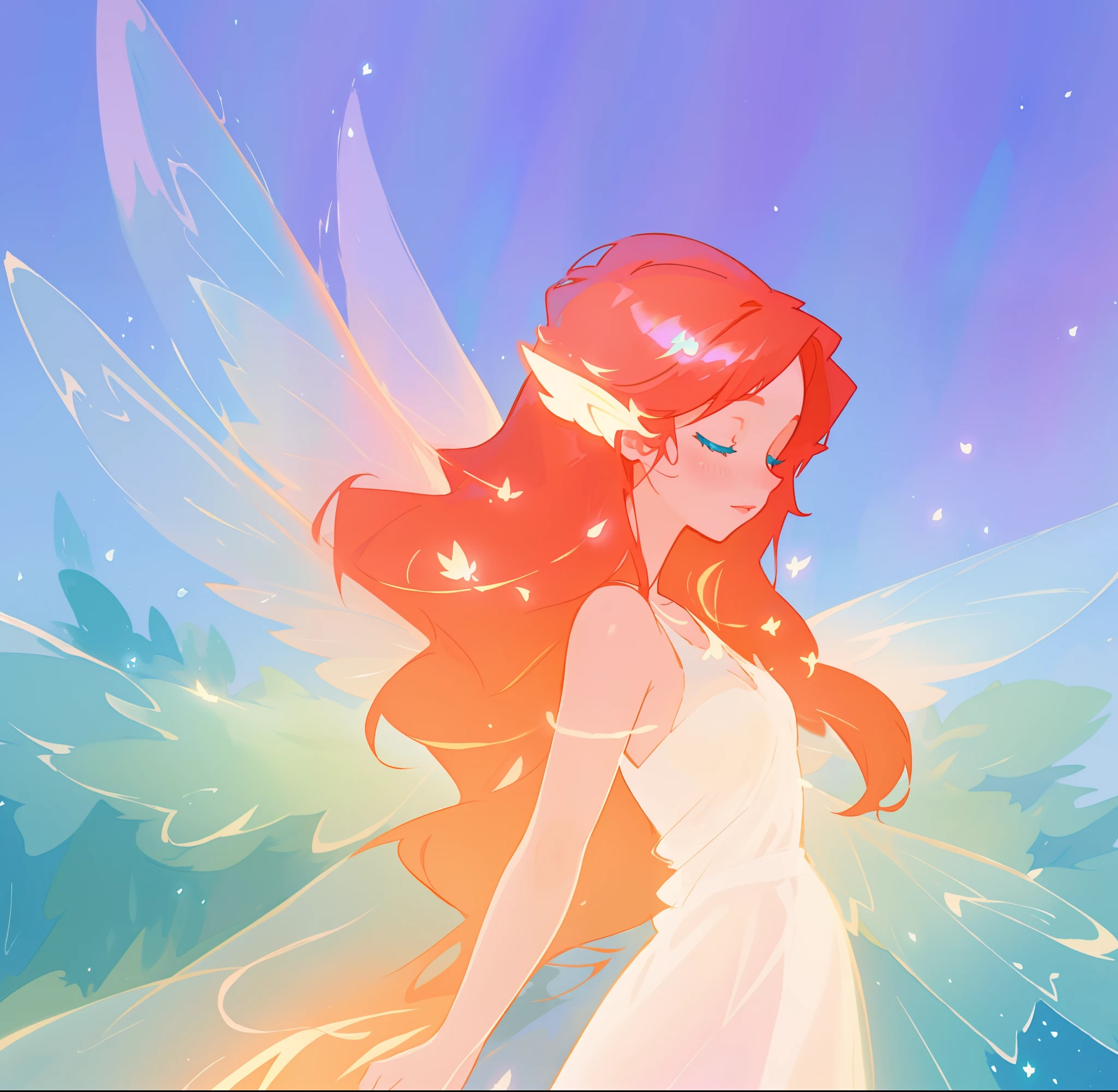 beautiful fairy girl in flowing white dress, fairy dress, fairy queen, (glowing fairy wings), long red hair, sparkling fairy wings, watercolor illustration, inspired by Glen Keane, inspired by Lois van Baarle, disney art style, by Lois van Baarle, glowing aura around her, by Glen Keane, jen bartel, glowing lights! digital painting, flowing glowing hair, glowing flowing hair, beautiful digital illustration, fantasia otherworldly landscape plants flowers, beautiful, masterpiece, best quality, anime disney style