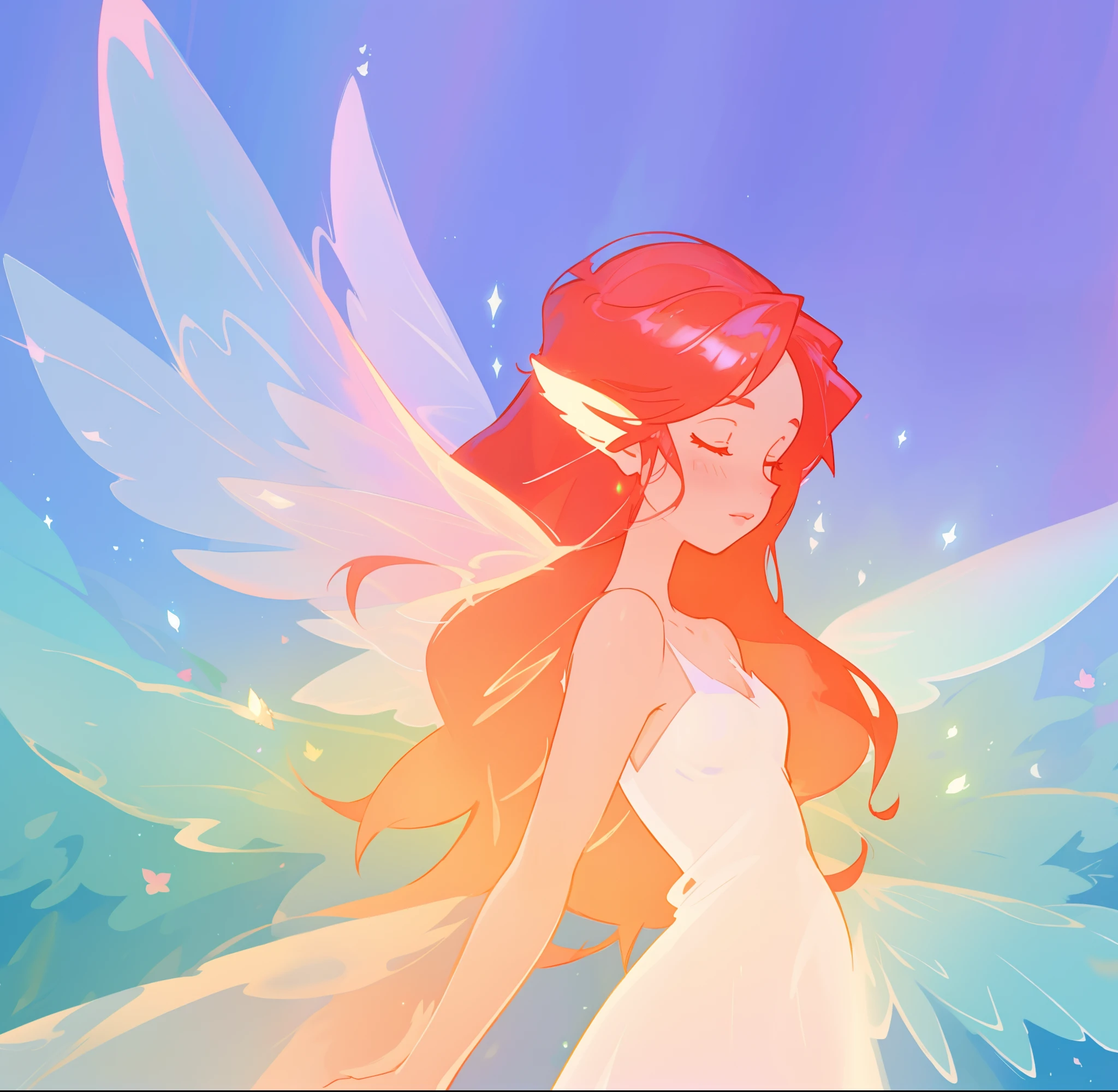 beautiful fairy girl in flowing white dress, fairy dress, fairy queen, (glowing fairy wings), long red hair, sparkling fairy wings, watercolor illustration, inspired by Glen Keane, inspired by Lois van Baarle, disney art style, by Lois van Baarle, glowing aura around her, by Glen Keane, jen bartel, glowing lights! digital painting, flowing glowing hair, glowing flowing hair, beautiful digital illustration, fantasia otherworldly landscape plants flowers, beautiful, masterpiece, best quality, anime disney style