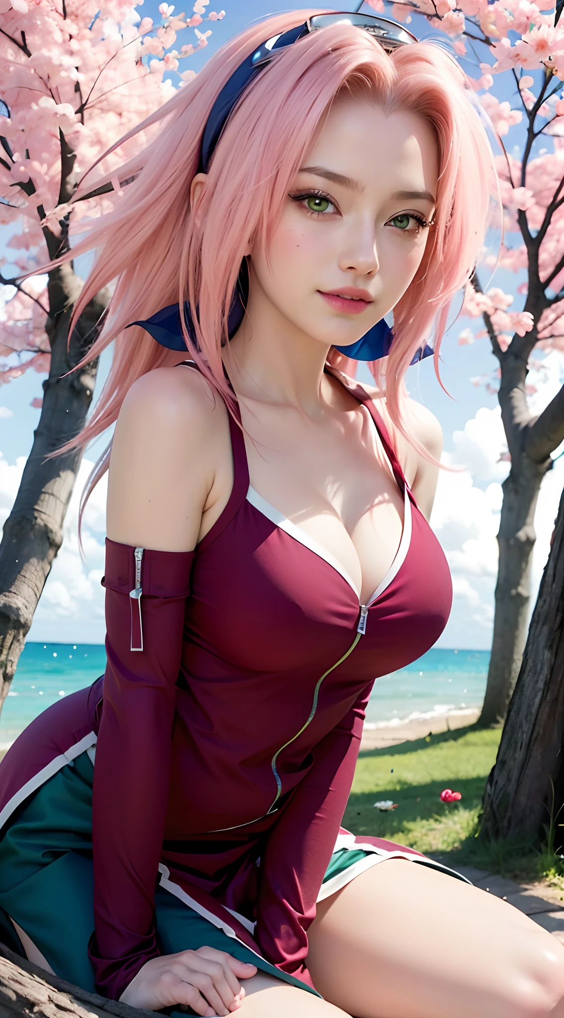 1girl, (8k, RAW photo, best quality, masterpiece:1.2), (ultra highres:1.0),detailed illustration, (real person,fashion photography portrait,photograph), detailed, detailed beautiful skin, (realistic, photo-realistic:1.37), SakuraNS, solo, professional lighting, pink dress with flower), village, east asian architecture, trees, village hidden in the leaves background,looking_at_viewer, smile, forehead flower,red_hairband,pink hair,green eyes,mitain,toeless footwear,kunai,facial mark,konohagakure symbol,fighting_stance,fence,ninja,adjusting gloves,sleeveless,cleavage