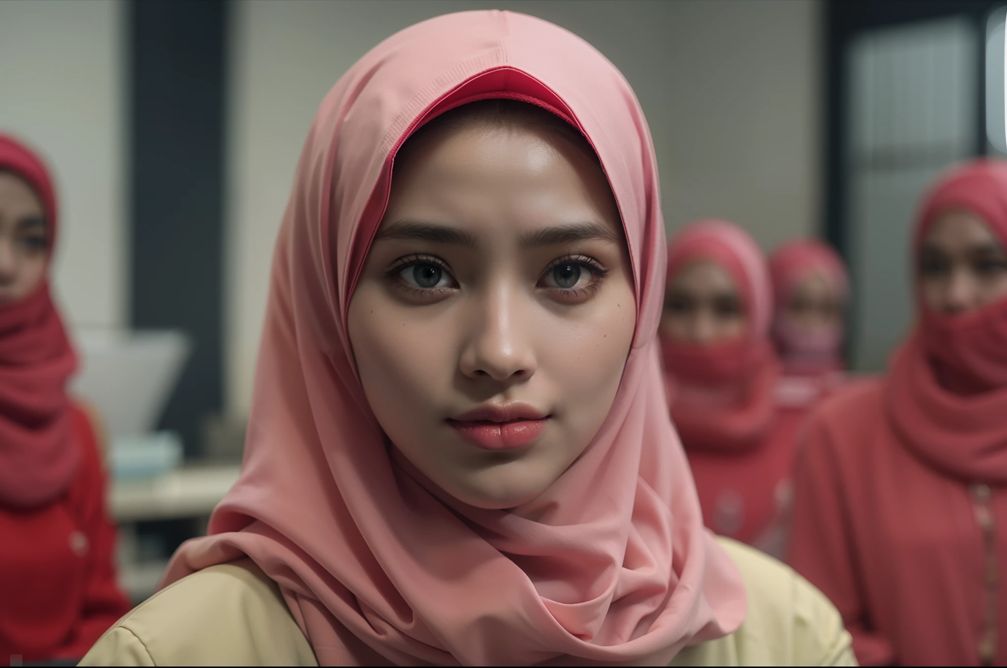 A malay girl in hijab and red pastel office suits in abandoned office, Super 8mm lense, Extreme close-up, High Contrast cinematography effect, Natural Lighting, Desaturate color grading, high quality, ultra detail, 8k resolution,