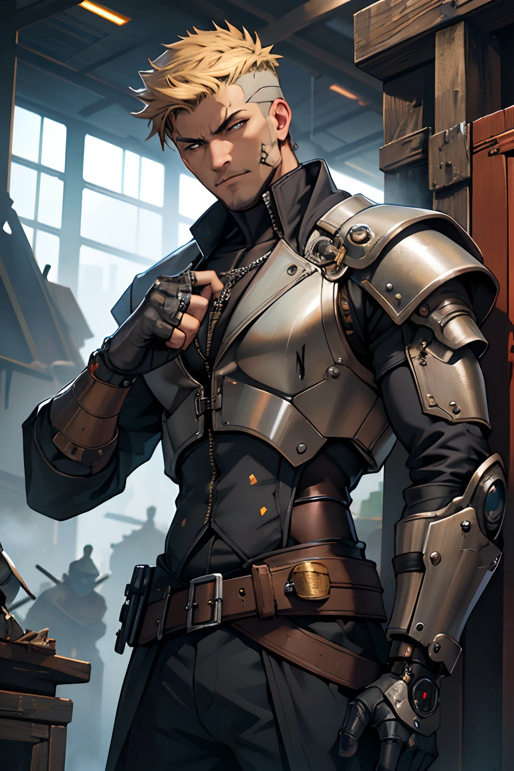 beste-Qualit, tmasterpiece, extra high resolution, Detailed background, Detailed background, realisti, 独奏, ember, humanoid, Iron Torso Base, You can see it ironclad, steampunc, Inside the Hand Artifact, Cyborg Face, Inventor's Outfit, Cloth of the Inventor, Cyborg Painter, in full height, Medieval cyborg, Medieval Fabricator Clothing , Electric shock on the hand of a cyborg, Face Robot, Full Iron Face, Cyborg Face, The face of a battered robot, Chaotic Neutral, , Horror \(subject\),Dark Fantasy, scoundrel, Depth of field.