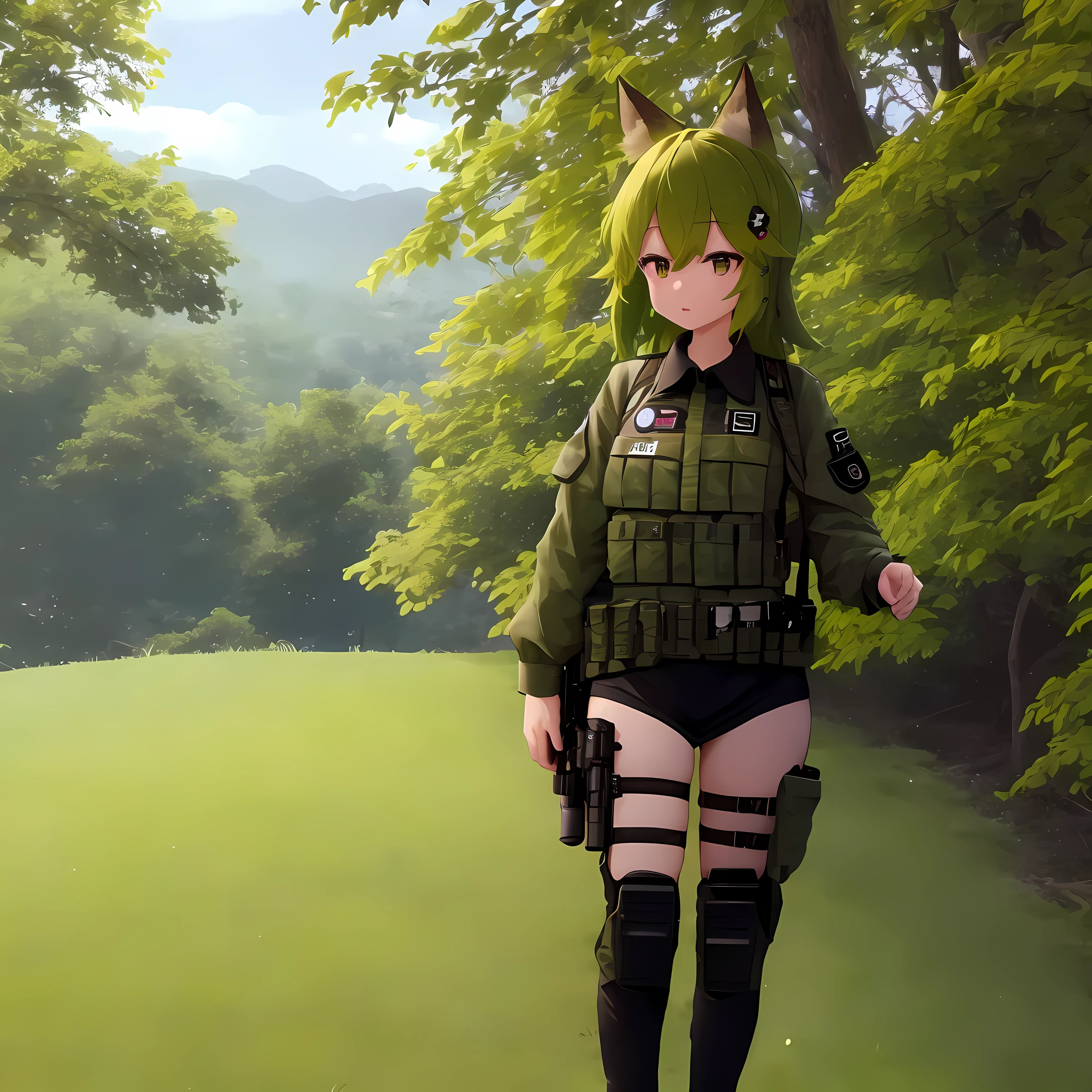(best quality,4k,highres,masterpiece:1.2),fox girl,ear,army uniform,tactical military uniform,holstered pistol,green army uniform,on the frontline,lone girl,bushes,trees