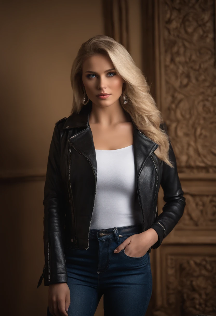woman fully , sexy girl with blue eyes, ultra realistic, meticulously detailed, blonde hair, selfie of a young woman, london , natural makeup, leather jacket , looking directly at the camera, face with artgram, stunning full body .standing up  large size bust; luxury room, big boobs