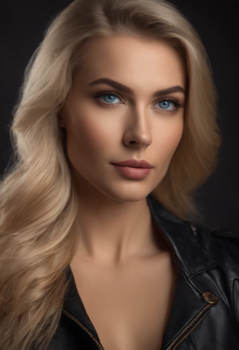 woman fully , sexy girl with blue eyes, ultra realistic, meticulously detailed, blonde hair, selfie of a young woman, london , natural makeup, leather jacket , looking directly at the camera, face with artgram, stunning full body .standing up large size bust; luxury room, big boobs
