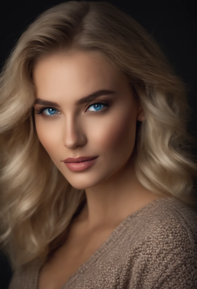 woman fully , sexy girl with blue eyes, ultra realistic, meticulously detailed, blonde hair, selfie of a young woman, london , natural makeup, sweater with leather leggings, looking directly at the camera, face with artgram, stunning full body .standing up large size bust; luxury room