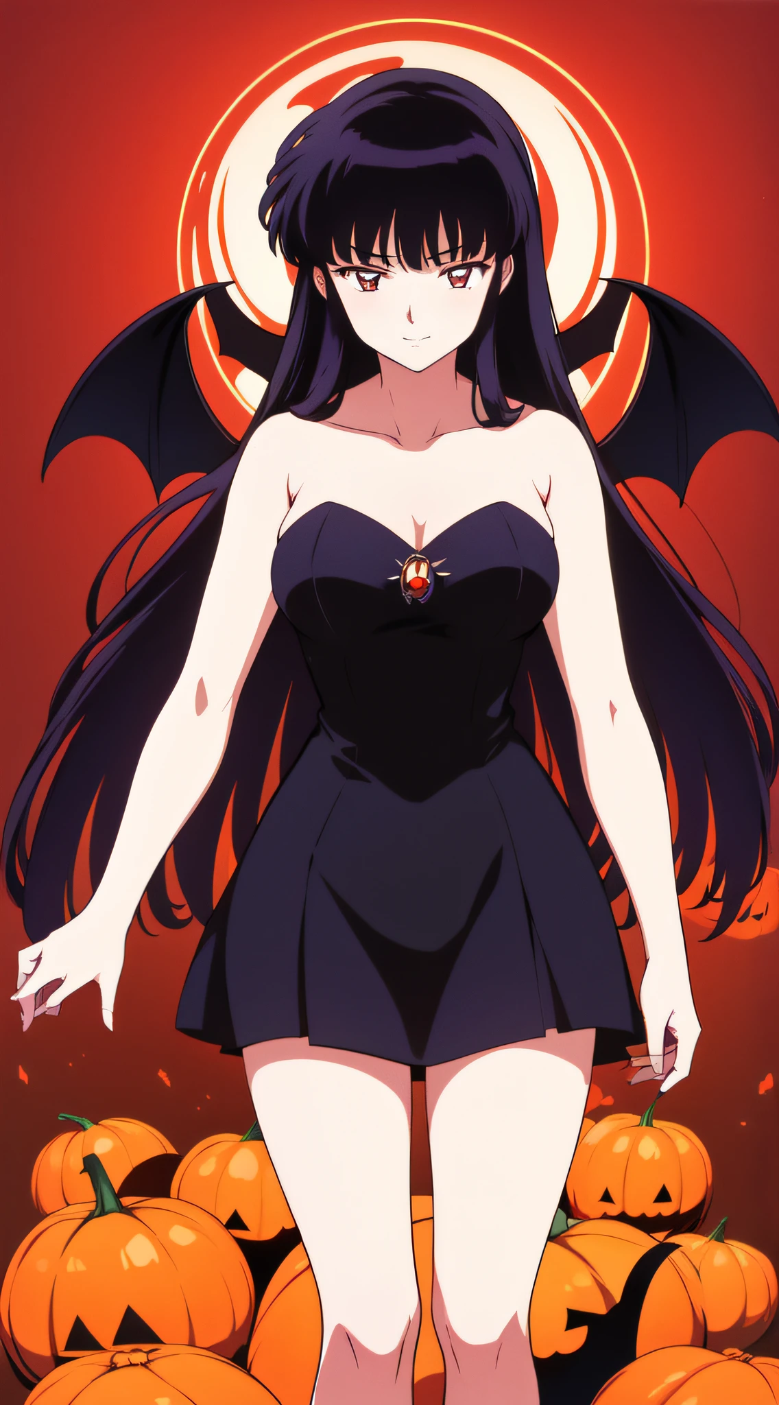 masterpiece, best quality, 1 girl, solo, Kikyo as witch, halloween background, witch,bats, evil pumpkins