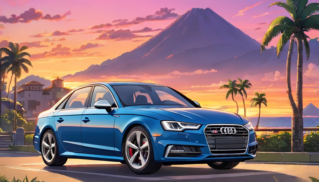 ((Sticker design)), Audi s4 car, Sunset background, Palm trees, 5 colors of layers, Corner Street, Beleq drum, Presean, car in black color