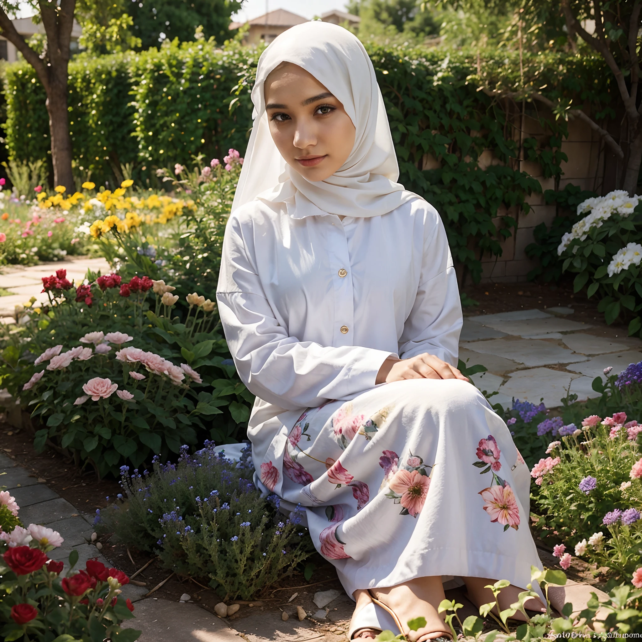 A hijab girl is sitting in a white dress in a flower garden