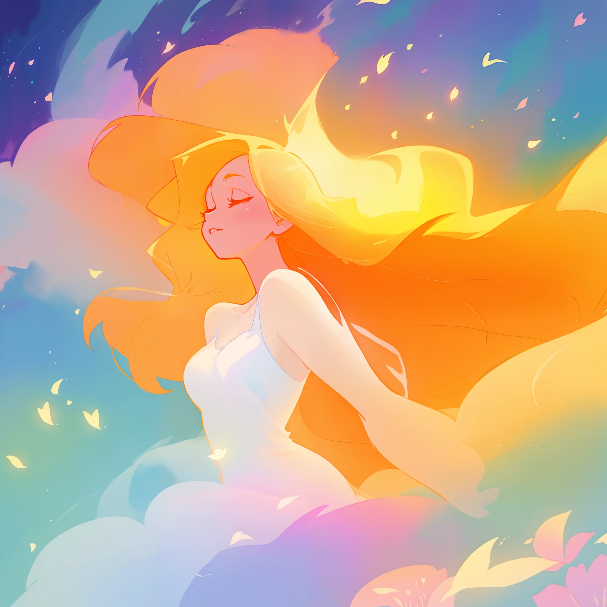 beautiful girl in white dress, fairy dress, long golden hair, watercolor illustration, inspired by Glen Keane, inspired by Lois van Baarle, disney art style, by Lois van Baarle, glowing aura around her, by Glen Keane, jen bartel, glowing lights! digital painting, flowing glowing hair, glowing flowing hair, beautiful digital illustration, fantasia otherworldly landscape plants flowers, beautiful, masterpiece, best quality, anime disney style