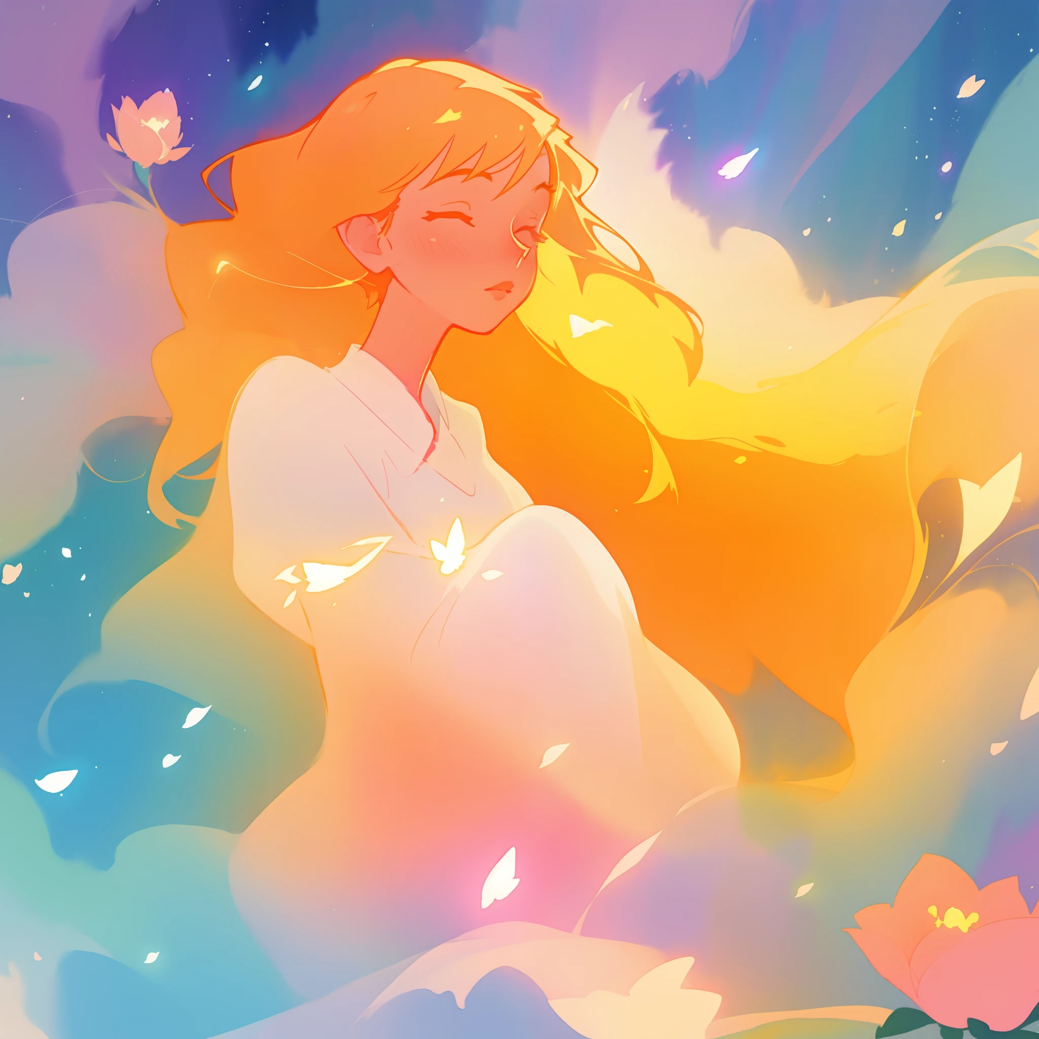 beautiful girl in white dress, fairy dress, long golden hair, watercolor illustration, inspired by Glen Keane, inspired by Lois van Baarle, disney art style, by Lois van Baarle, glowing aura around her, by Glen Keane, jen bartel, glowing lights! digital painting, flowing glowing hair, glowing flowing hair, beautiful digital illustration, fantasia otherworldly landscape plants flowers, beautiful, masterpiece, best quality, anime disney style