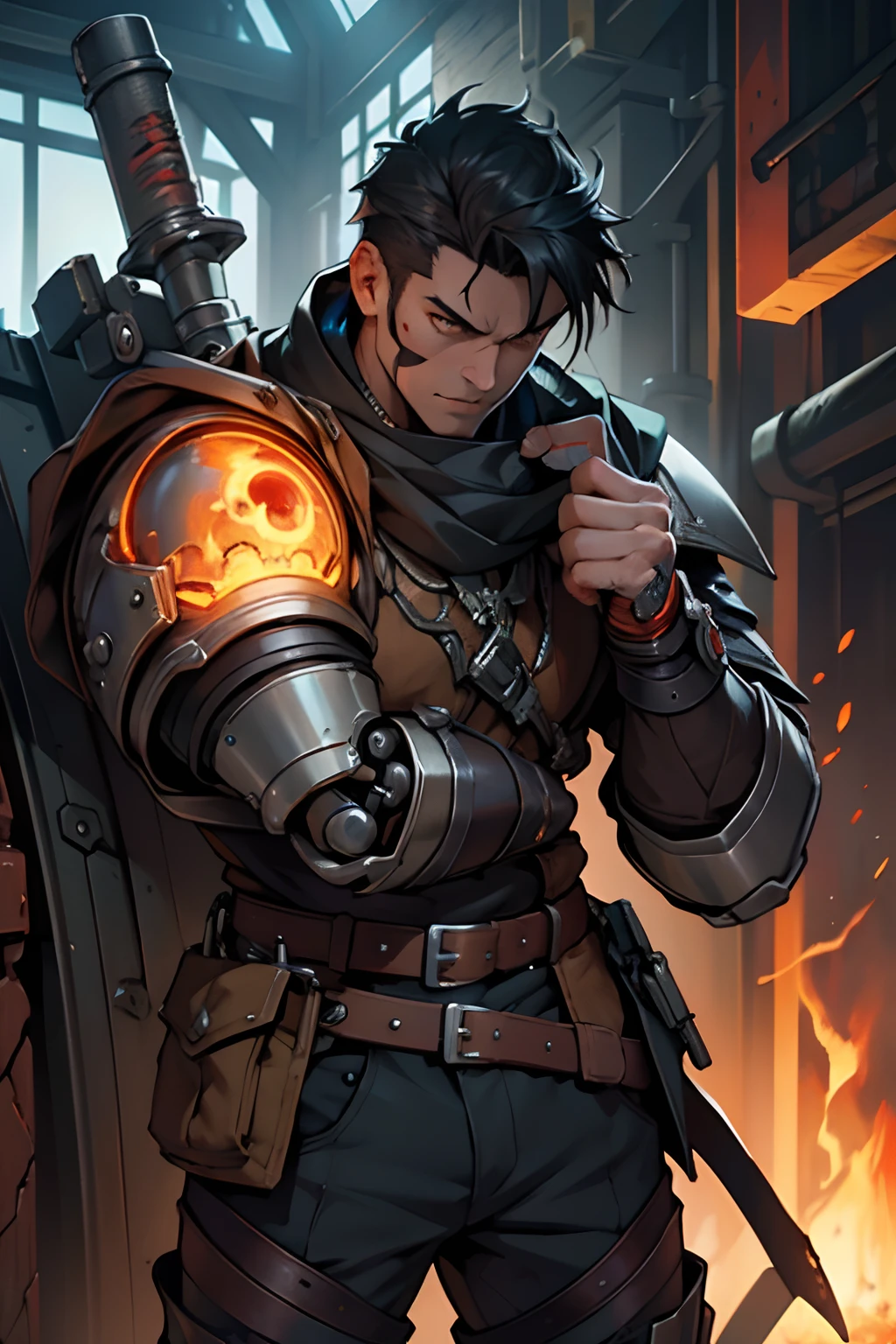 beste-Qualit, tmasterpiece, extra high resolution, Detailed background, Detailed background, realisti, 独奏, ember, humanoid, Iron Torso Base, You can see it ironclad, steampunc, Inside the Hand Artifact, Cyborg Face, Inventor's Outfit, Cloth of the Inventor, Cyborg Painter, in full height, Medieval cyborg, Medieval Fabricator Clothing , Electric shock on the hand of a cyborg, Face Robot, Full Iron Face, Cyborg Face, The face of a battered robot, Chaotic Neutral, , Horror \(subject\),Dark Fantasy, scoundrel, Depth of field.
