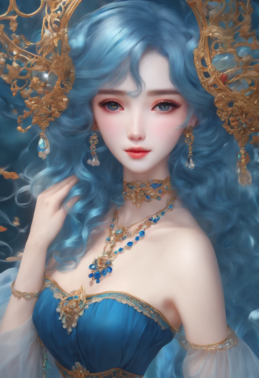 (best quality, ultra-detailed, hair in extreme detail, high resolution, vivid colors, (((Yunyun))), necklace, hair ornament, beautiful detailed face, blue dress, looking at viewer, blue hair, standing urination, (above the waist), jellyfish)
