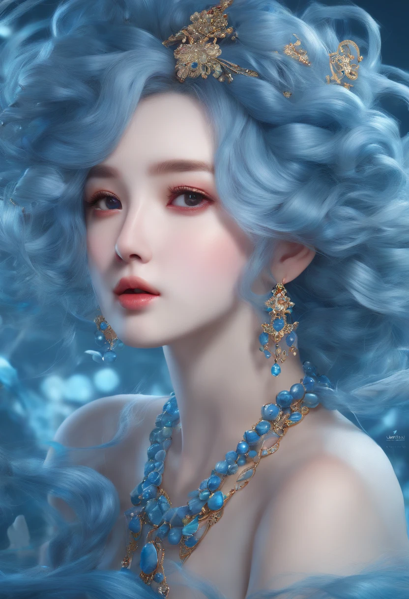 (best quality, ultra-detailed, hair in extreme detail, high resolution, vivid colors, (((Yunyun))), necklace, hair ornament, beautiful detailed face, blue dress, looking at viewer, blue hair, standing urination, (above the waist), jellyfish)