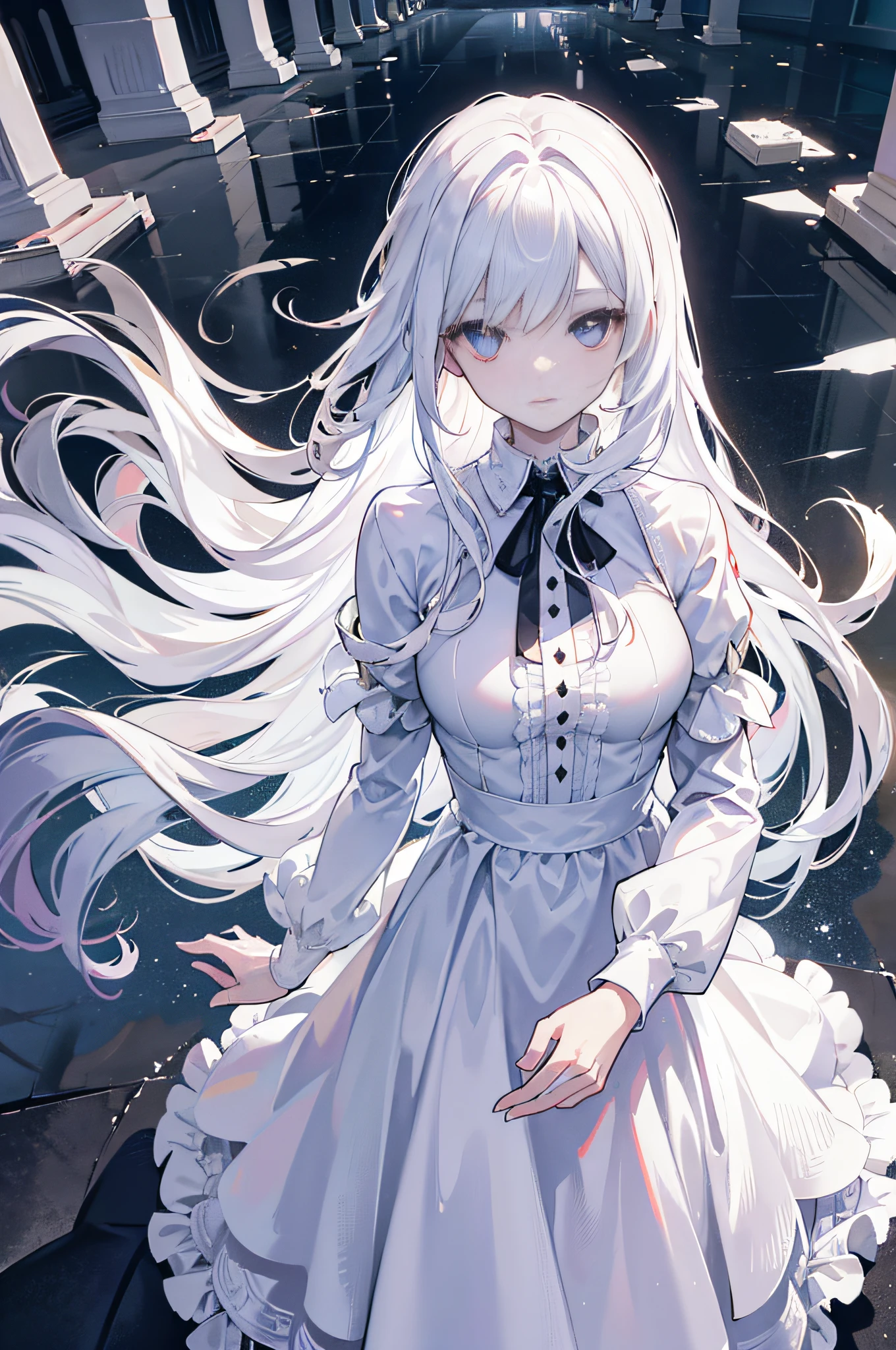 masterpiece, super detail, high quality, best quality, 4K, 1woman, (perspective), ((view from above)), atmospheric perspective, raining blood, environment with white and hazy lighting and coloring, empty city scene, very long white hair, straight hair, (elegant white dress), completely white character, (black tie), formal long tie, mirrors at the end of the hair, gray eyes, lonely, lens flare, cloudy, expressionless eyes, diamond colored eyes, depth of field, beautiful eyes, crystal pupils, (looking up), pupil reflecting light, right eye with cracks in the crystal, hair flying a little in the wind, nosebleed, light smile