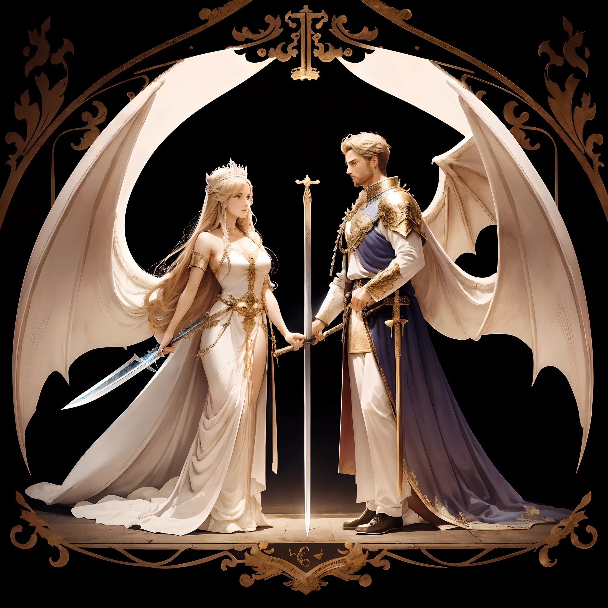 great king and queen angel with great wings, strong men in long white robes far apart from each other, each of the angels (king and queen) with a sword (Detail of the sword, large and in the shape of a dragon, handle of the sword in the shape of a cross) , (The place of the sword is in the middle of them) , waiting to receive orders to deliver messages from GOD , sky