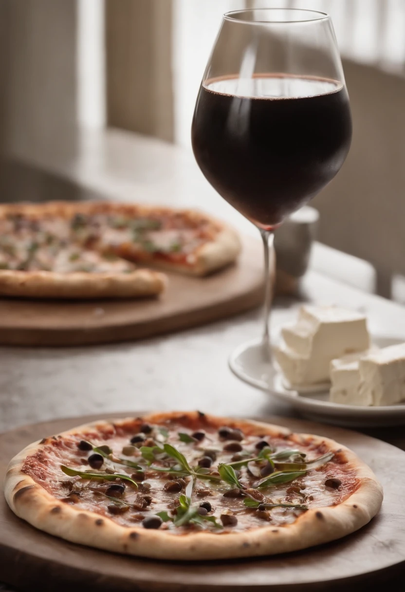 uma pizza ultareslista , bem de perto, with details and textures of micro grains of flour, com fatias de calabresa e queijos bem derretido, a slight smoke over the pizza to give the intention that it had just come out. ao lado, A black soda with plenty of gas, in a glass glass demonstrating that it's nice and cool.