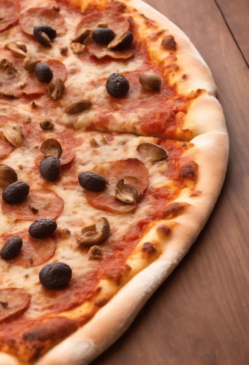 uma pizza ultareslista , bem de perto, with details and textures of micro grains of flour, com fatias de calabresa e queijos bem derretido, a slight smoke over the pizza to give the intention that it had just come out. ao lado, A black soda with plenty of gas, in a glass glass demonstrating that it's nice and cool.