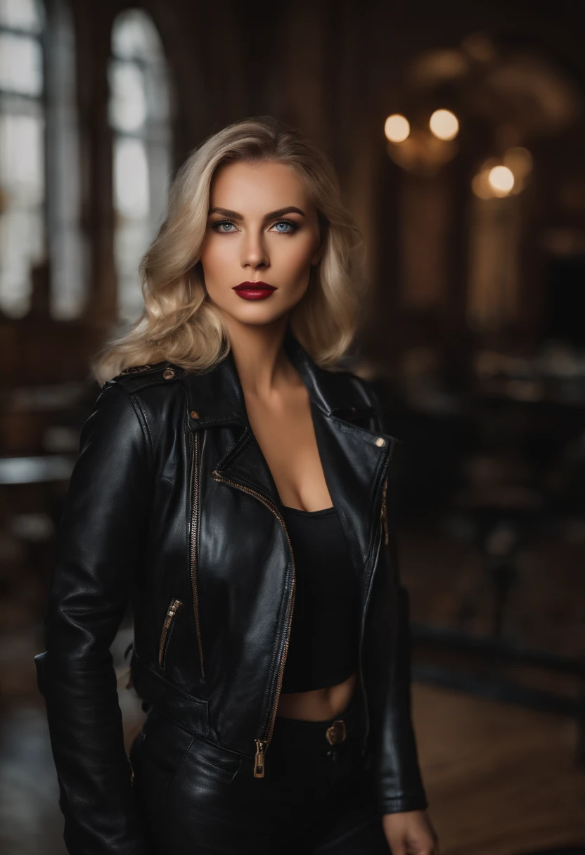 woman fully , sexy girl with blue eyes, ultra realistic, meticulously detailed, blonde hair, selfie of a young woman, london , natural makeup, leather jacket , looking directly at the camera, face with artgram, stunning full body .standing up large size bust; luxury room, big boobs