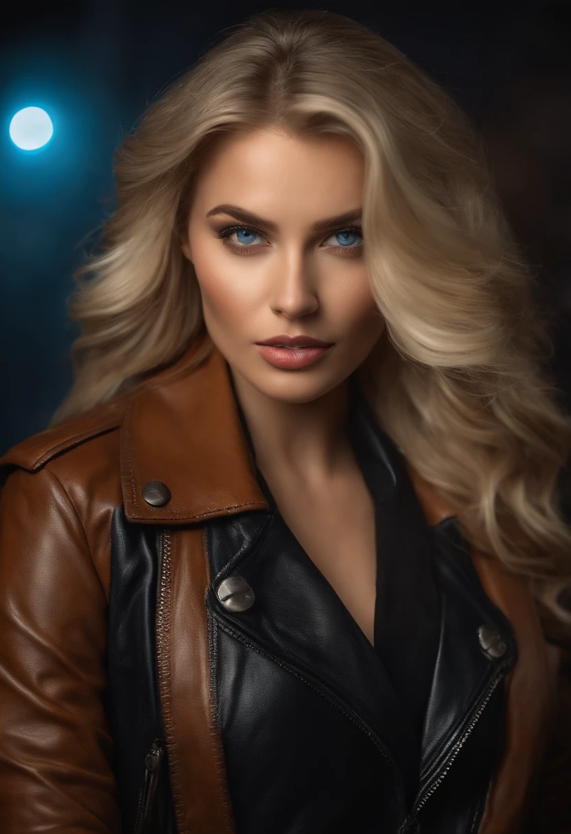 woman fully , sexy girl with blue eyes, ultra realistic, meticulously detailed, blonde hair, selfie of a young woman, london , natural makeup, leather jacket , looking directly at the camera, face with artgram, stunning full body .standing up  large size bust; luxury room, big boobs