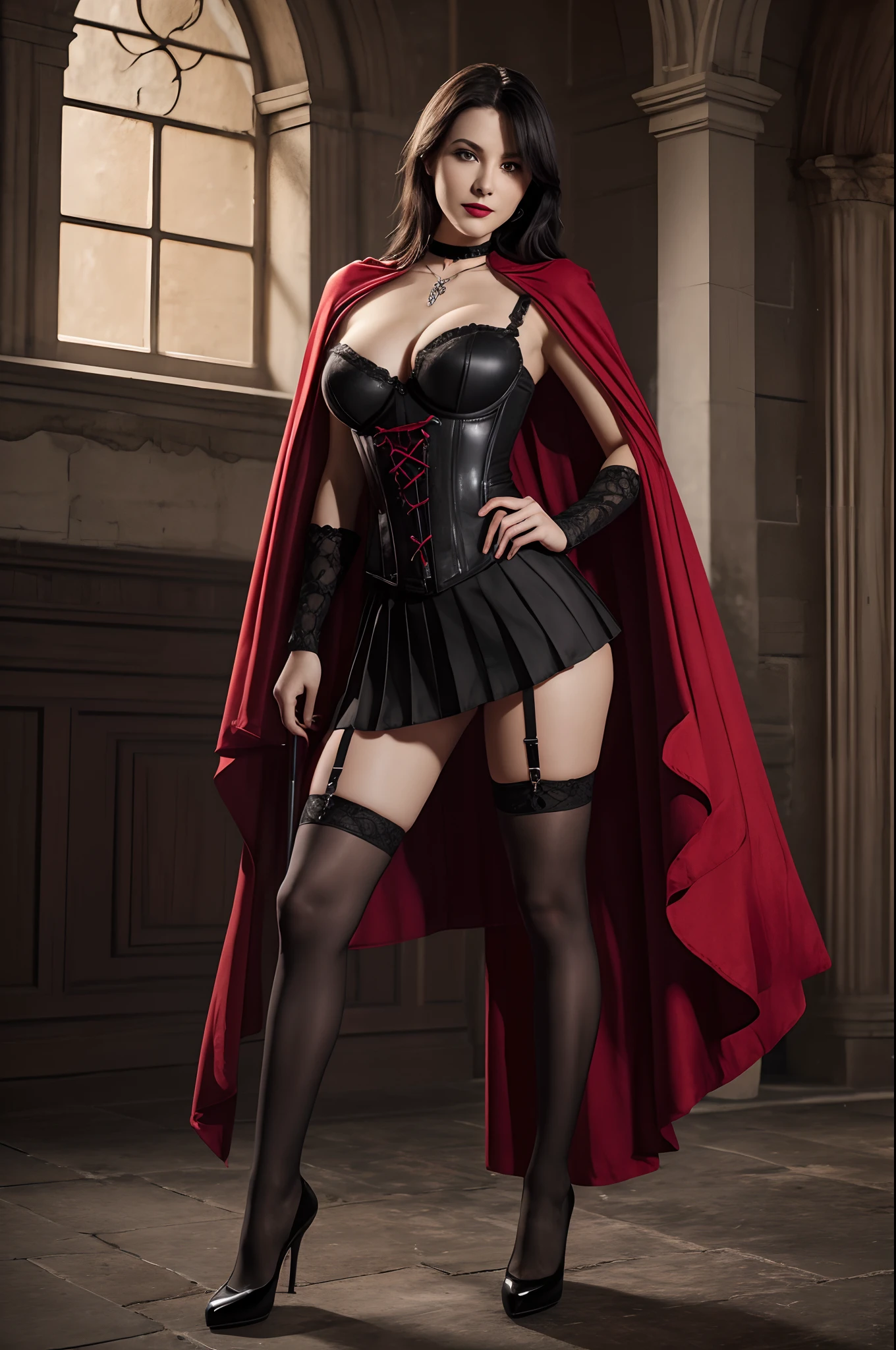 full body picture, looking at viewer, 25 year old girl, vampire, black hair, short hair, disheveled hair, pale skin, blue eyes, dark red lips, average breasts, mischievous smile, vampire fangs, black corset with intricate red details, flowing black cape, black pleated skirt, black stockings with one stripe, black and red high heels, black choker, silver cross pendant on plunging necklace, moonlight streaming, light rays, inside of an old church, candlelit, (best quality, 4k, 8k, highres, masterpiece:1.2), ultra-detailed, (realistic, photorealistic, photo-realistic:1.37), HDR, UHD, studio lighting, light source from behind, sharp focus, extreme detail description, professional, vivid colors, dark and mysterious atmosphere, modeling stance, seductive stance, confident stance, legs spread, hypnotic gaze
